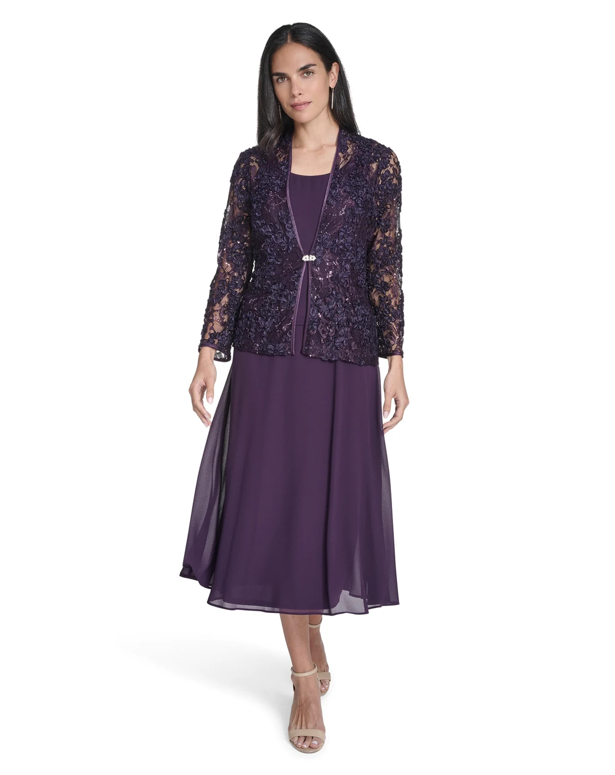 Women's Soutache Jacket & Jewel-Neck Midi Dress