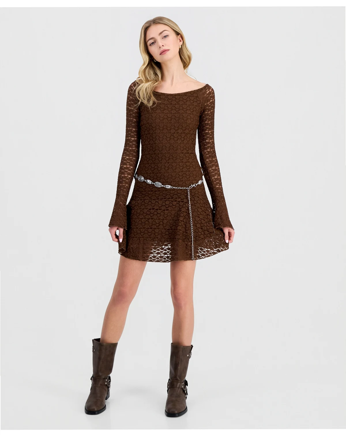 Juniors' Lace Long-Sleeve Mini Dress