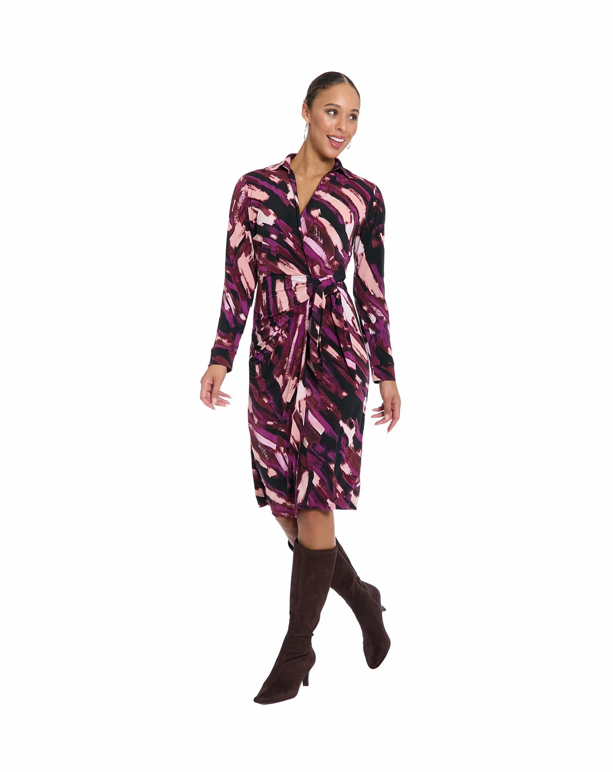 Women's Side Tie Wrap Long-Sleeve Midi Dress