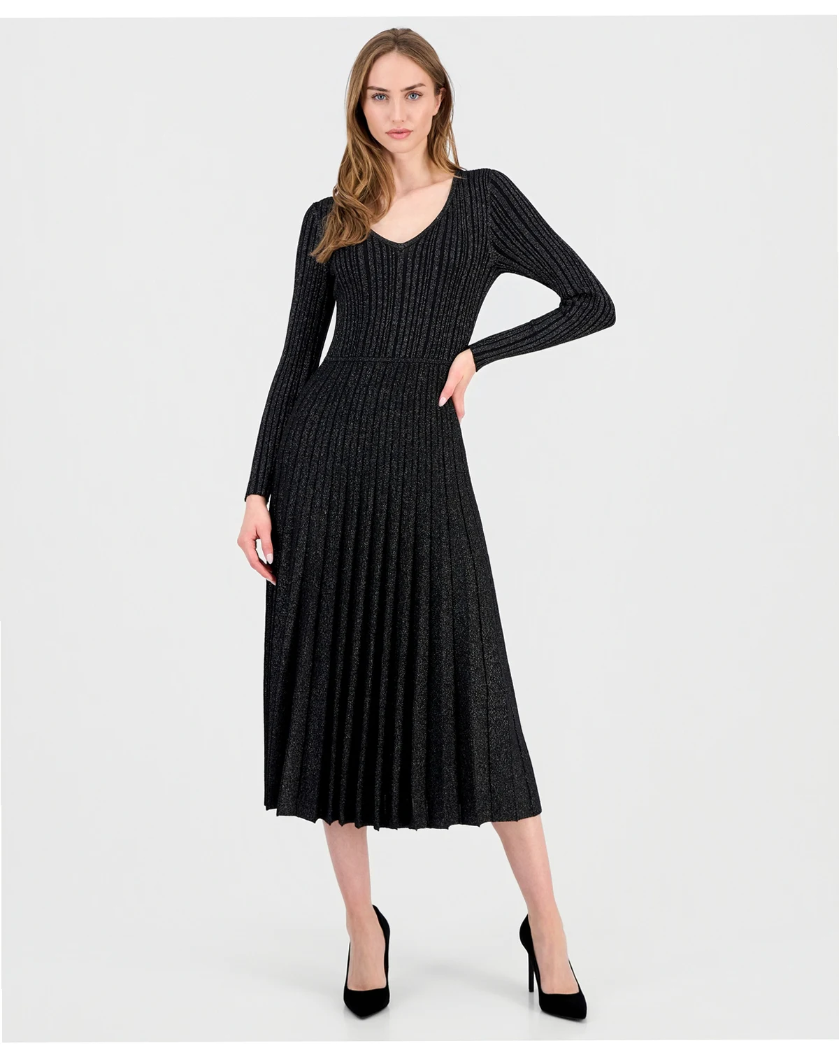 Women's Ribbed Metallic Midi Dress