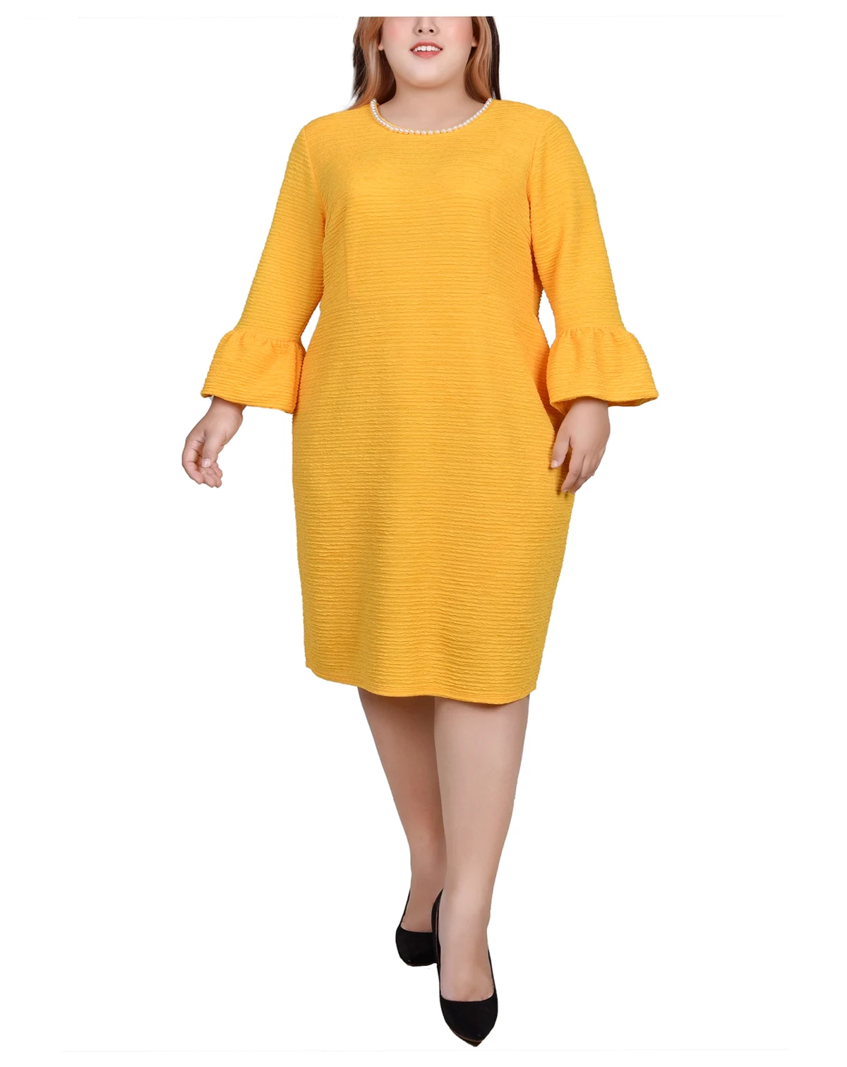 Plus Size 3/4 Length Imitation-Pearl Detail Dress