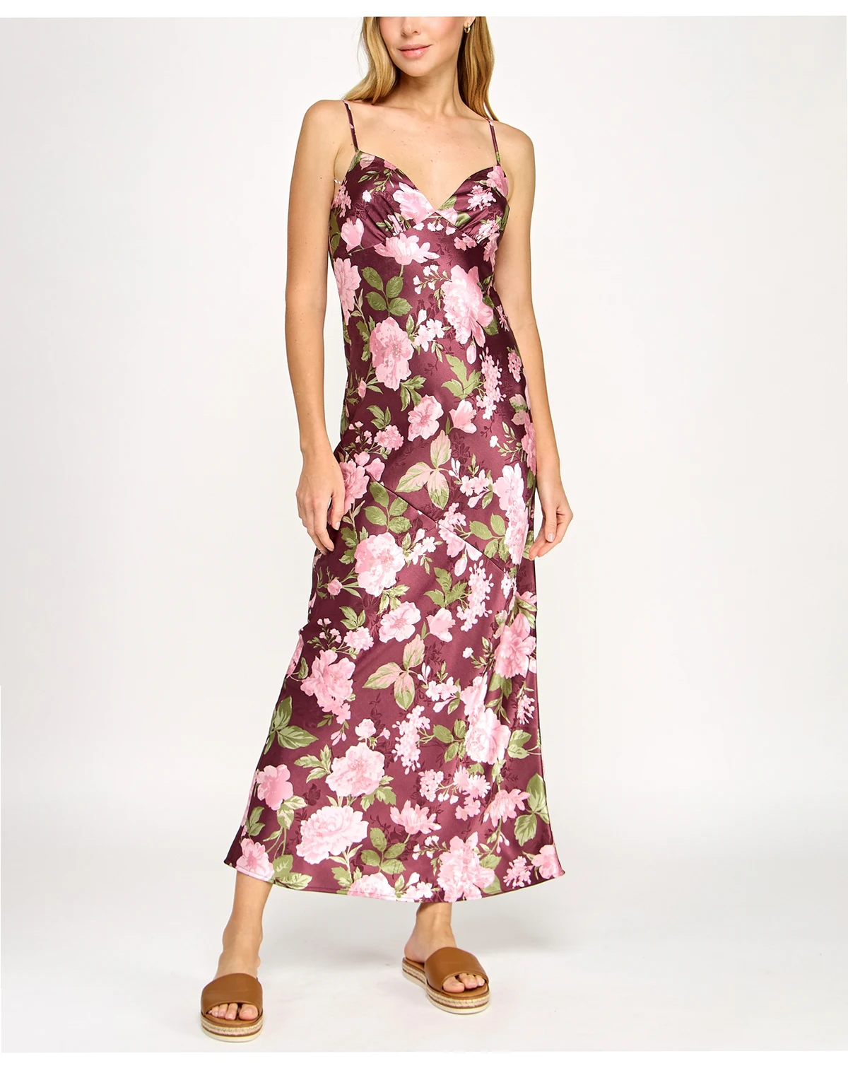 Juniors' Floral Printed Satin Maxi Dress