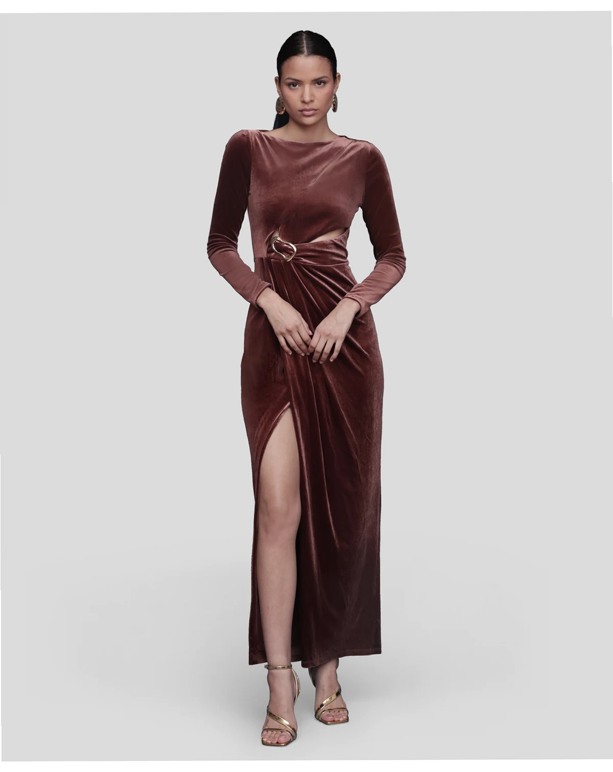 Women's Velvet Asymmetric Drape Long Sleeve Ball Gown