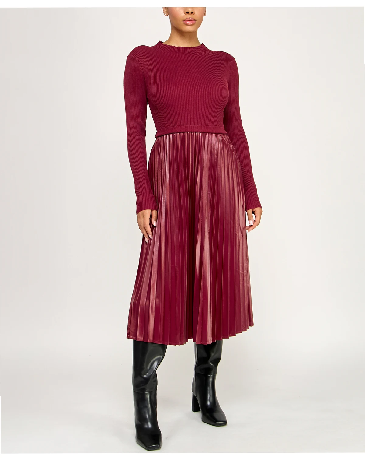 Juniors Faux Leather Pleated Midi Sweater Dress