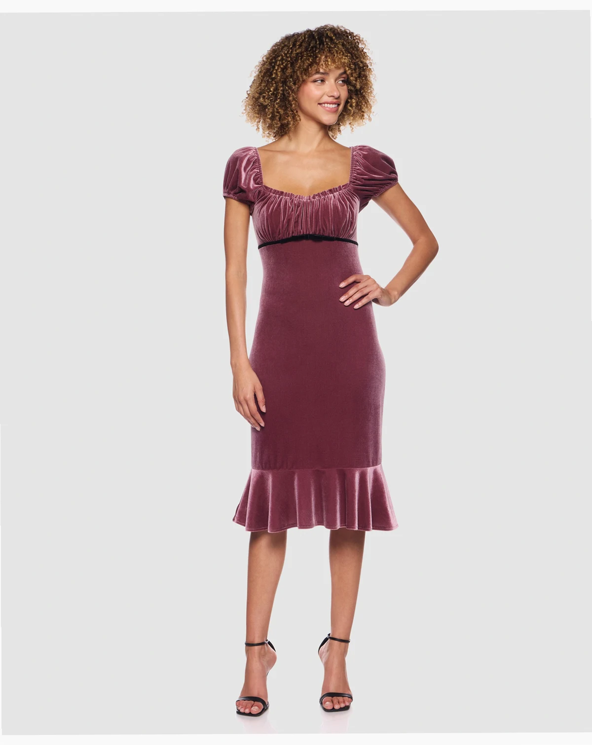 Women's Puff Sleeve Velvet Midi Dress
