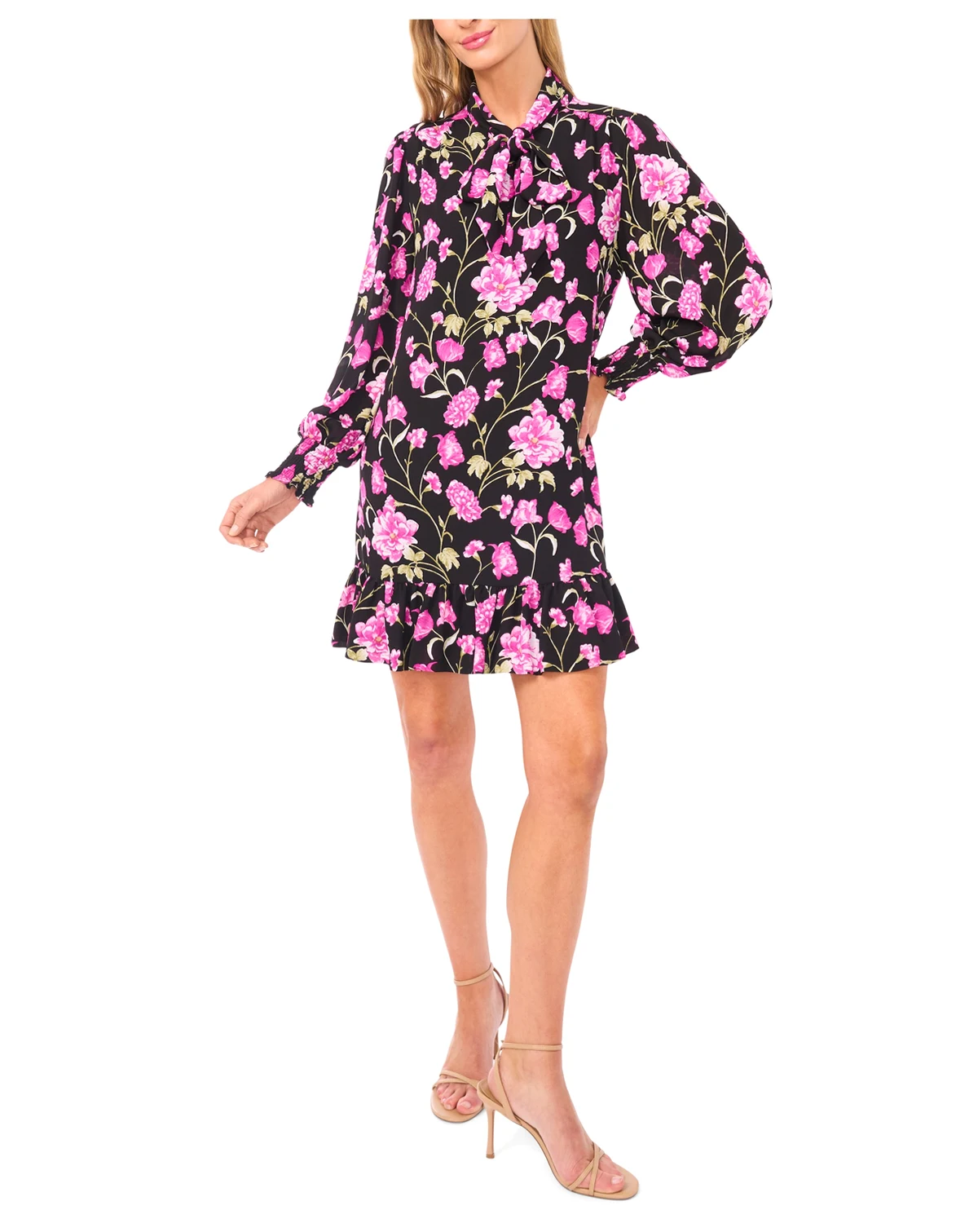 Women's Long-Sleeve Keyhole Bow Tie Mini Dress