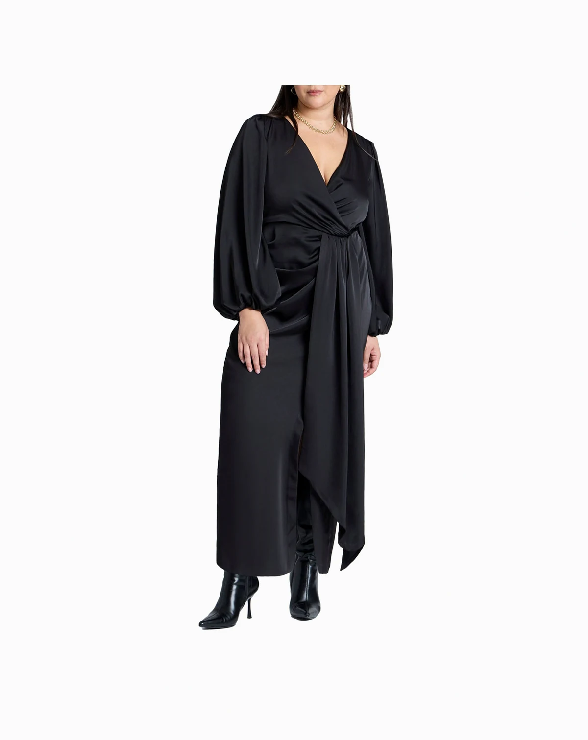 Women's Satin Puff Sleeve Pleated Dress