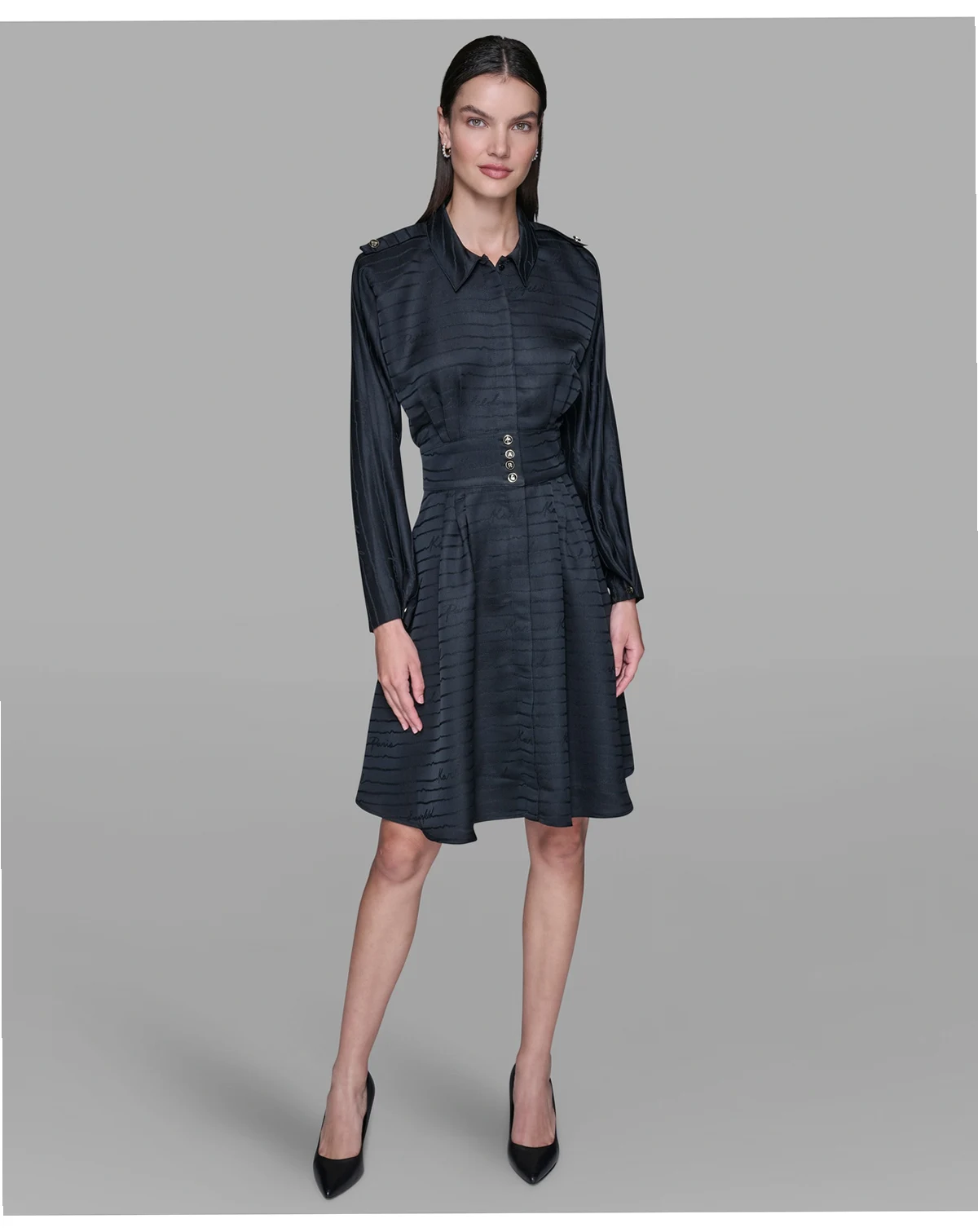 Women's Tonal Long-Sleeve Collared Jacquard Dress