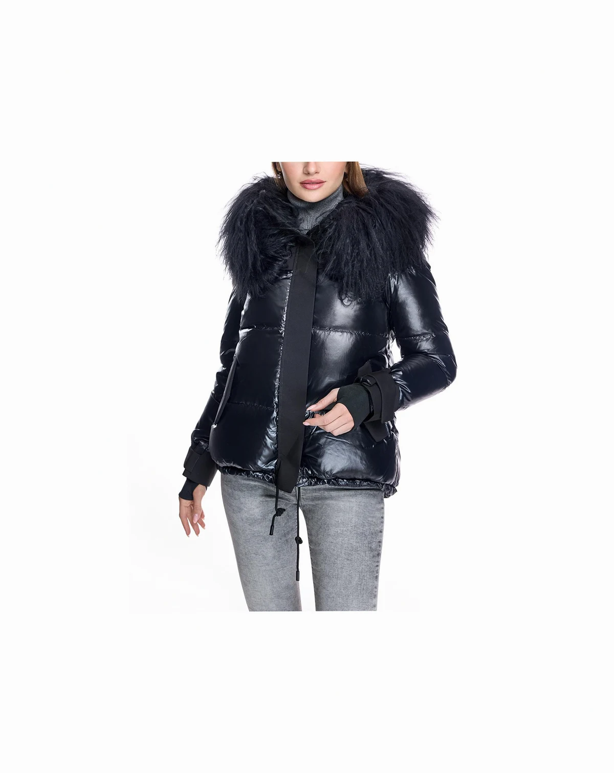 Women's Nylon Jacket with Fur Trimmed Hood
