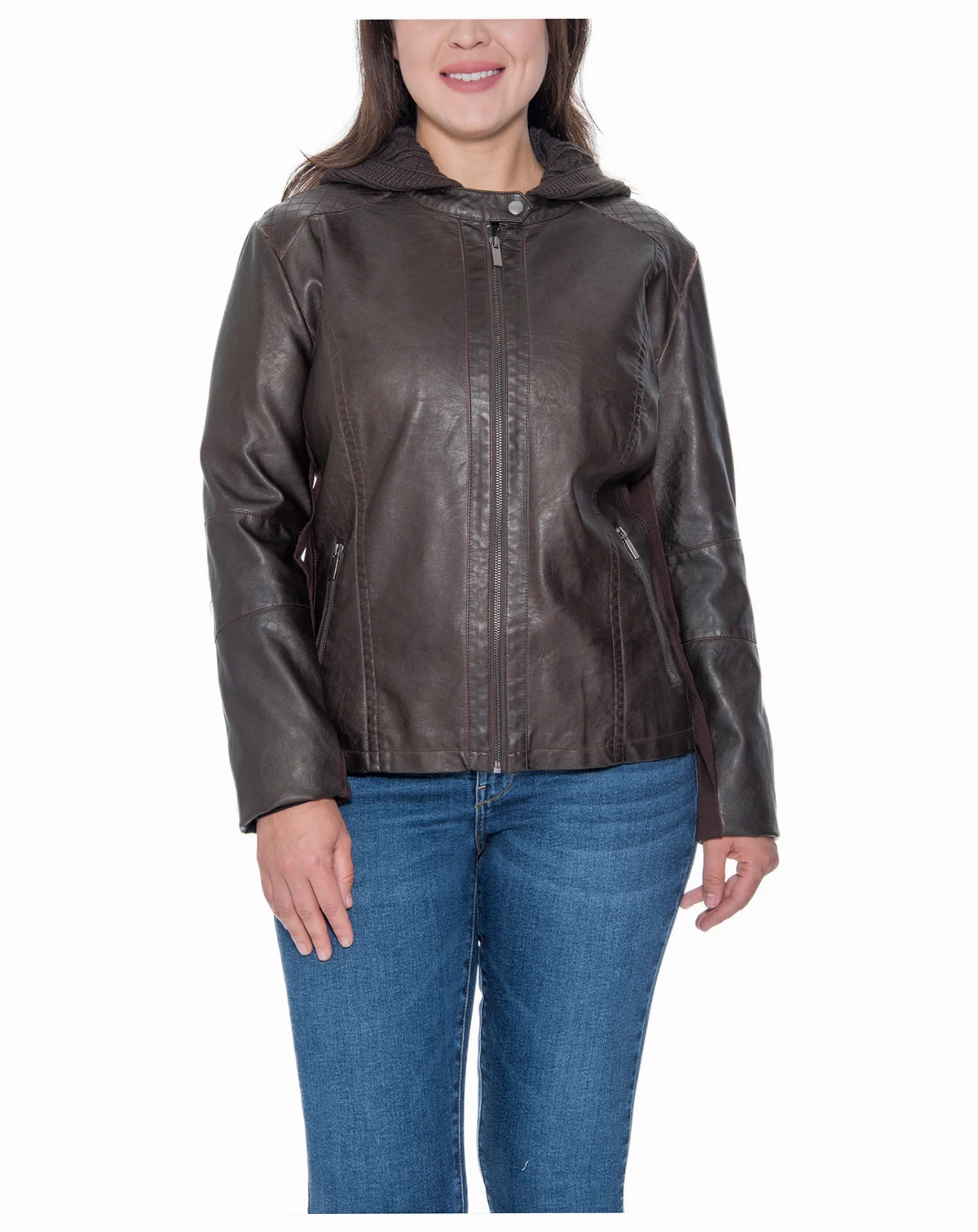 Plus Size Garment Dyed Faux Leather Zip Front Jacket With Detachable Sweater Knit Hood