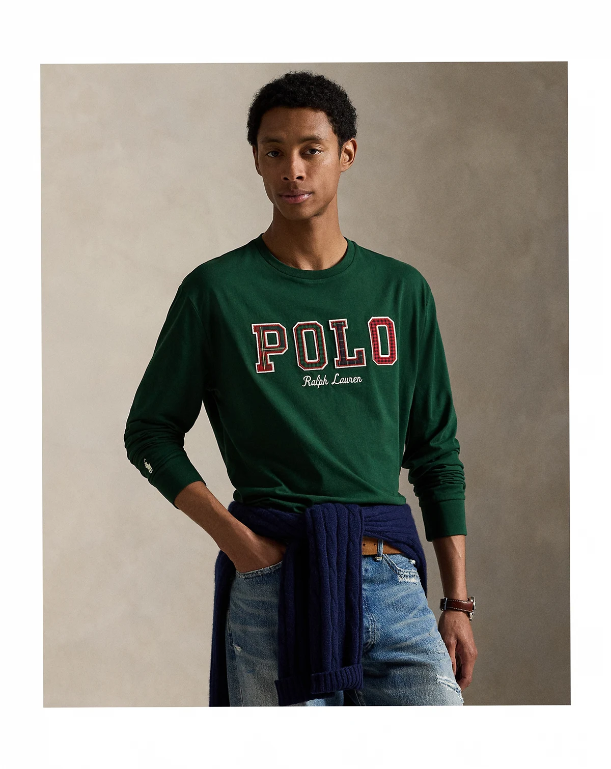 Men's Long-Sleeve Plaid-Logo Applique T-Shirt
