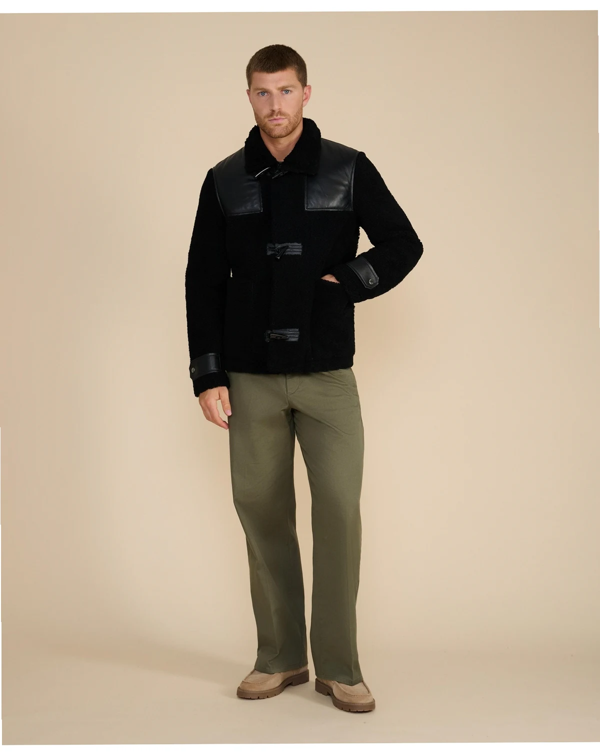 Men's Leather Shearling Jacket with Toggle Buttons