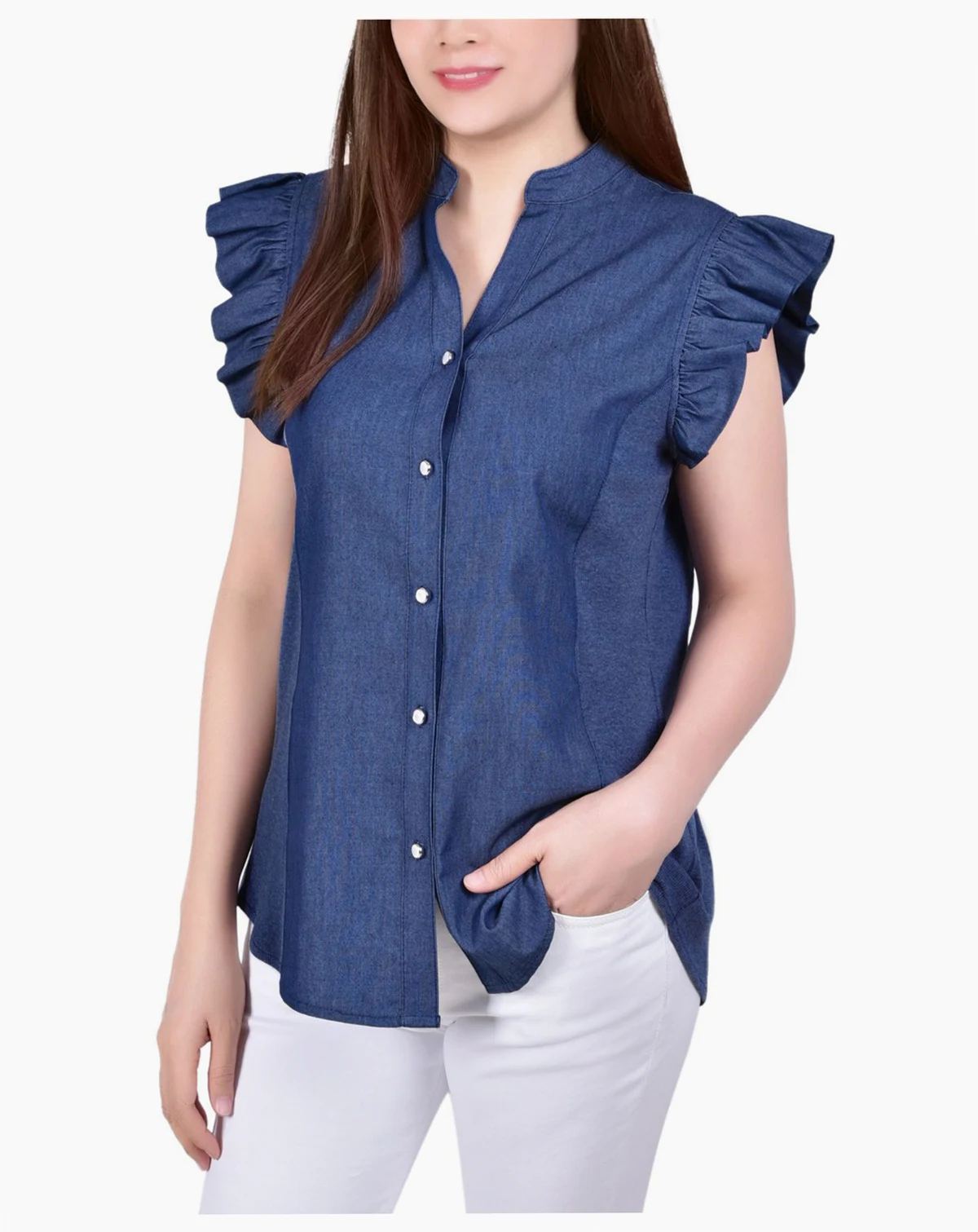 Petite Flutter Sleeve Chambray Top