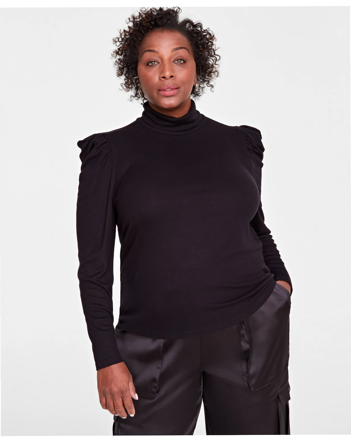 Plus Size Puff-Shoulder Ribbed Turtleneck, Created for Macy's