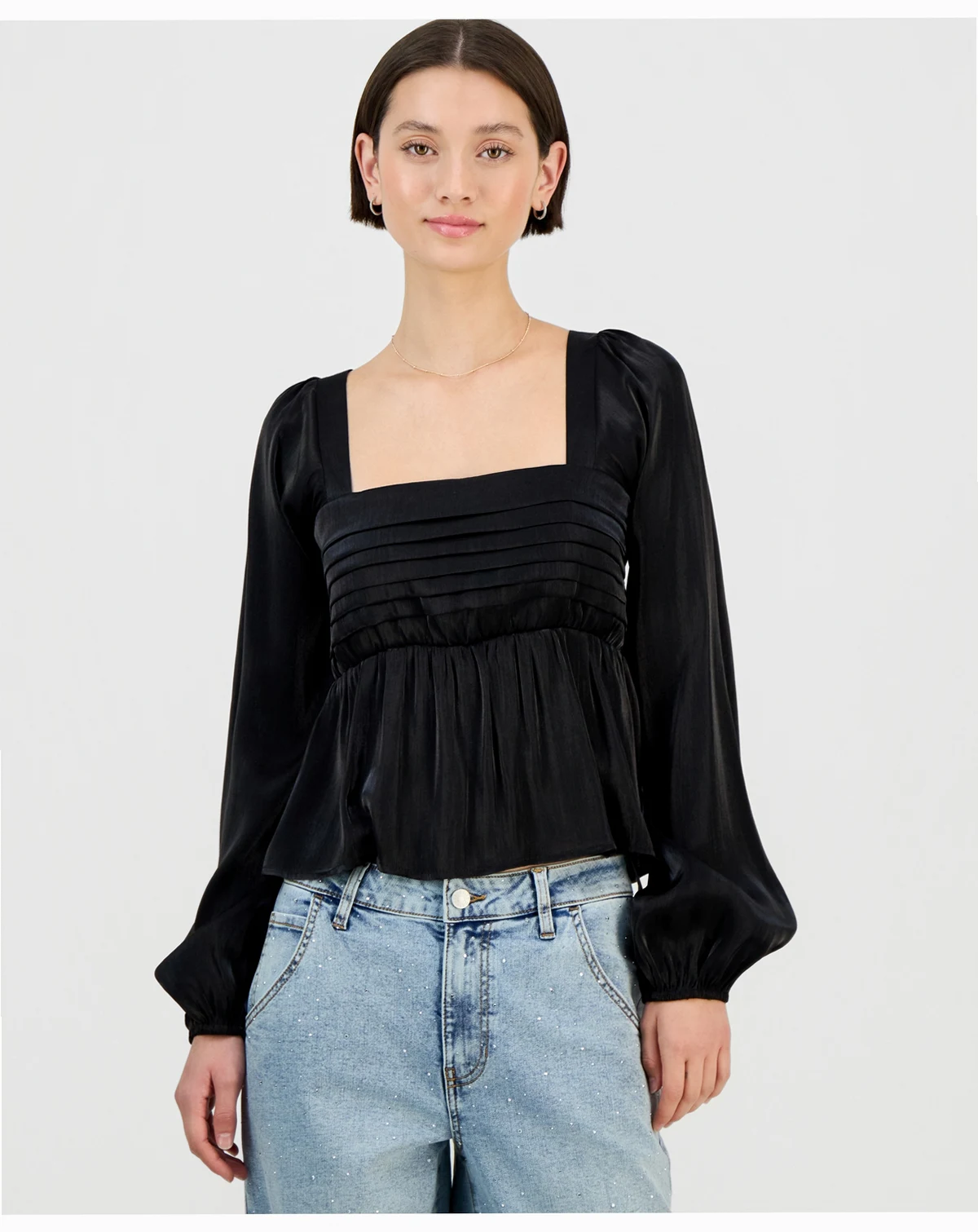 Juniors' Long-Sleeve Pintuck Bust Woven Top