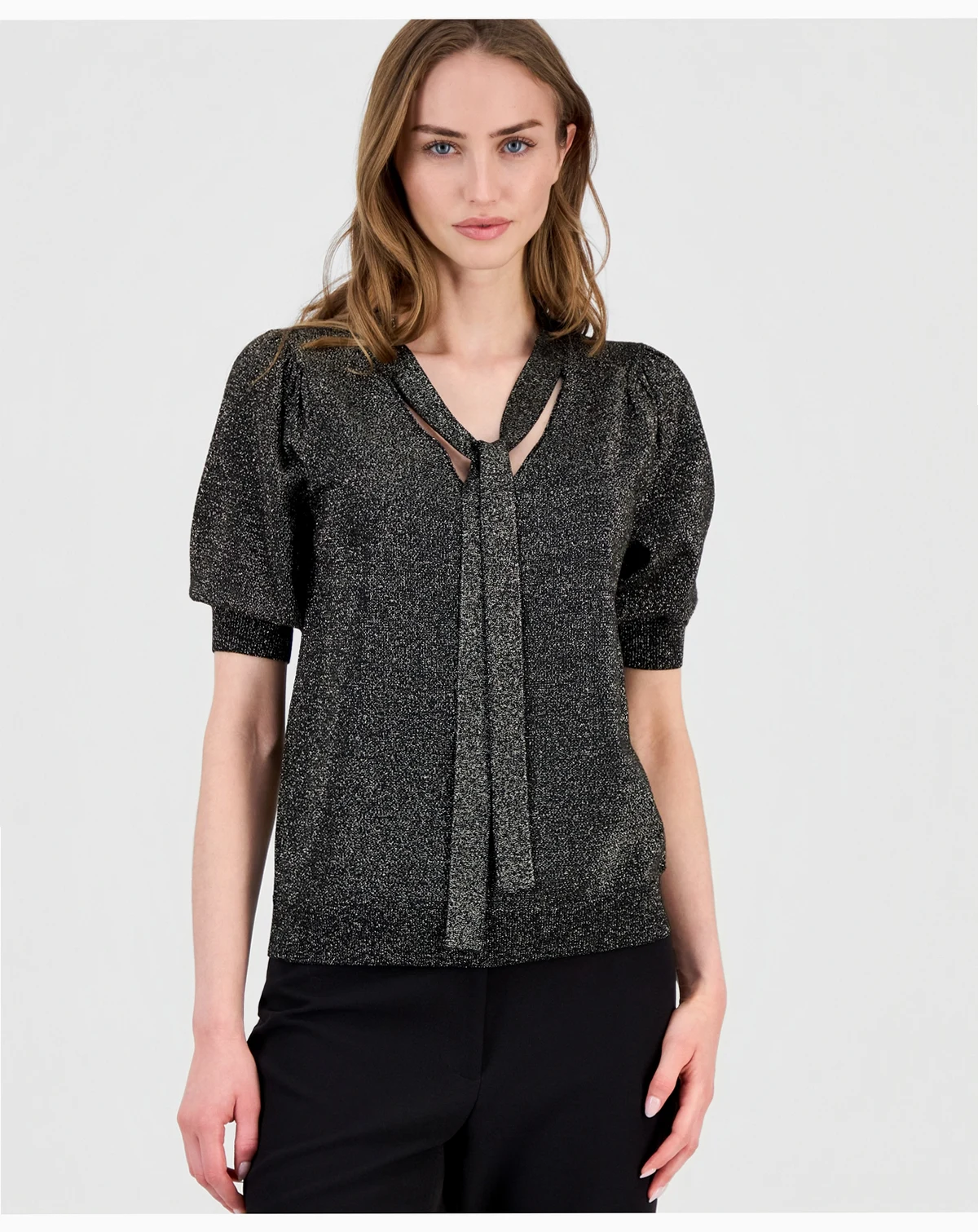 Women's Tie-Neck Elbow-Sleeve Metallic Top