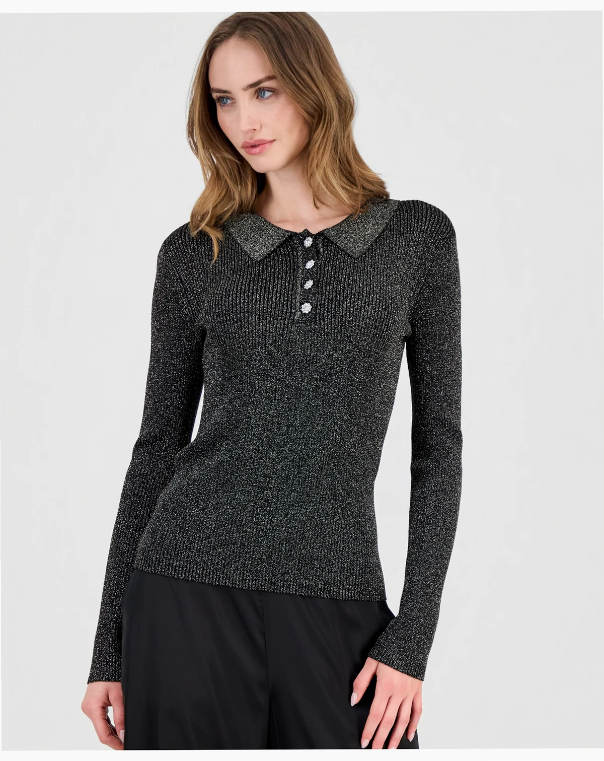 Women's Collared Ribbed Metallic Top