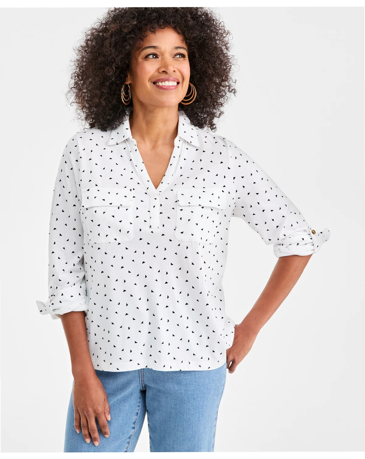 Women's Printed Collared Knit Roll-Sleeve Top, Macy's Exclusive