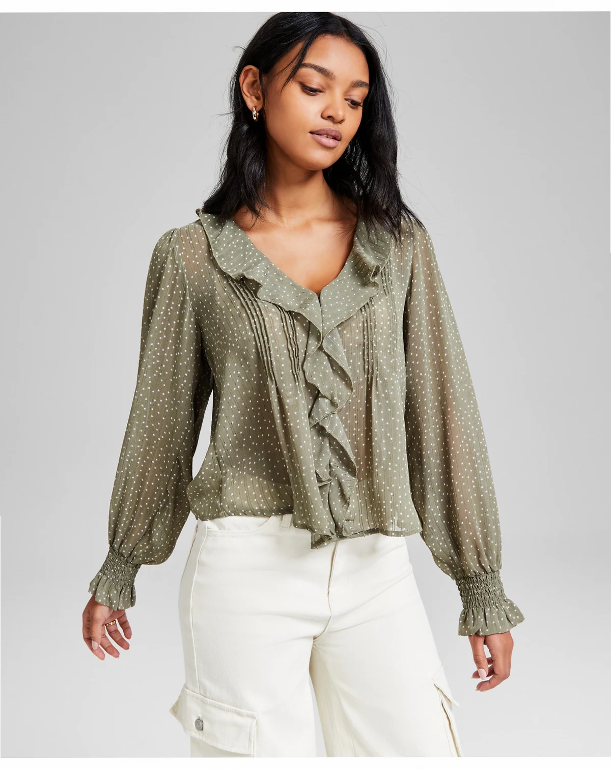 Women's Ruffle Front Long-Sleeve  Blouse, Exclusively at Macy's