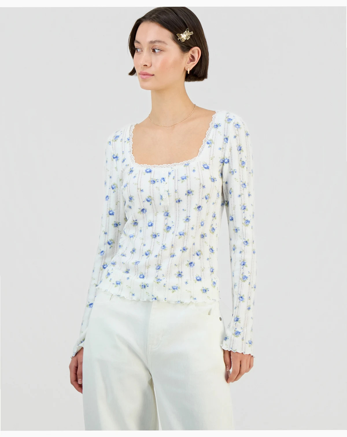 Juniors' Ditsy-Print Pointelle-Knit Top