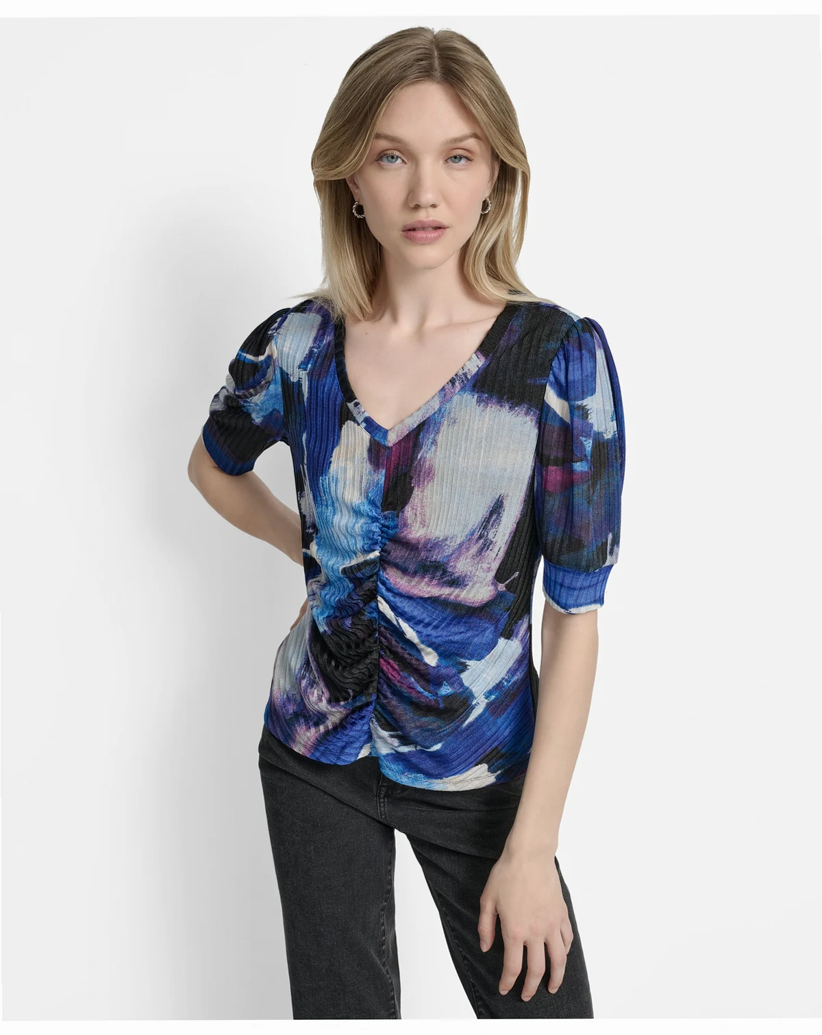 Women's Printed Puff-Sleeve Ruched Top