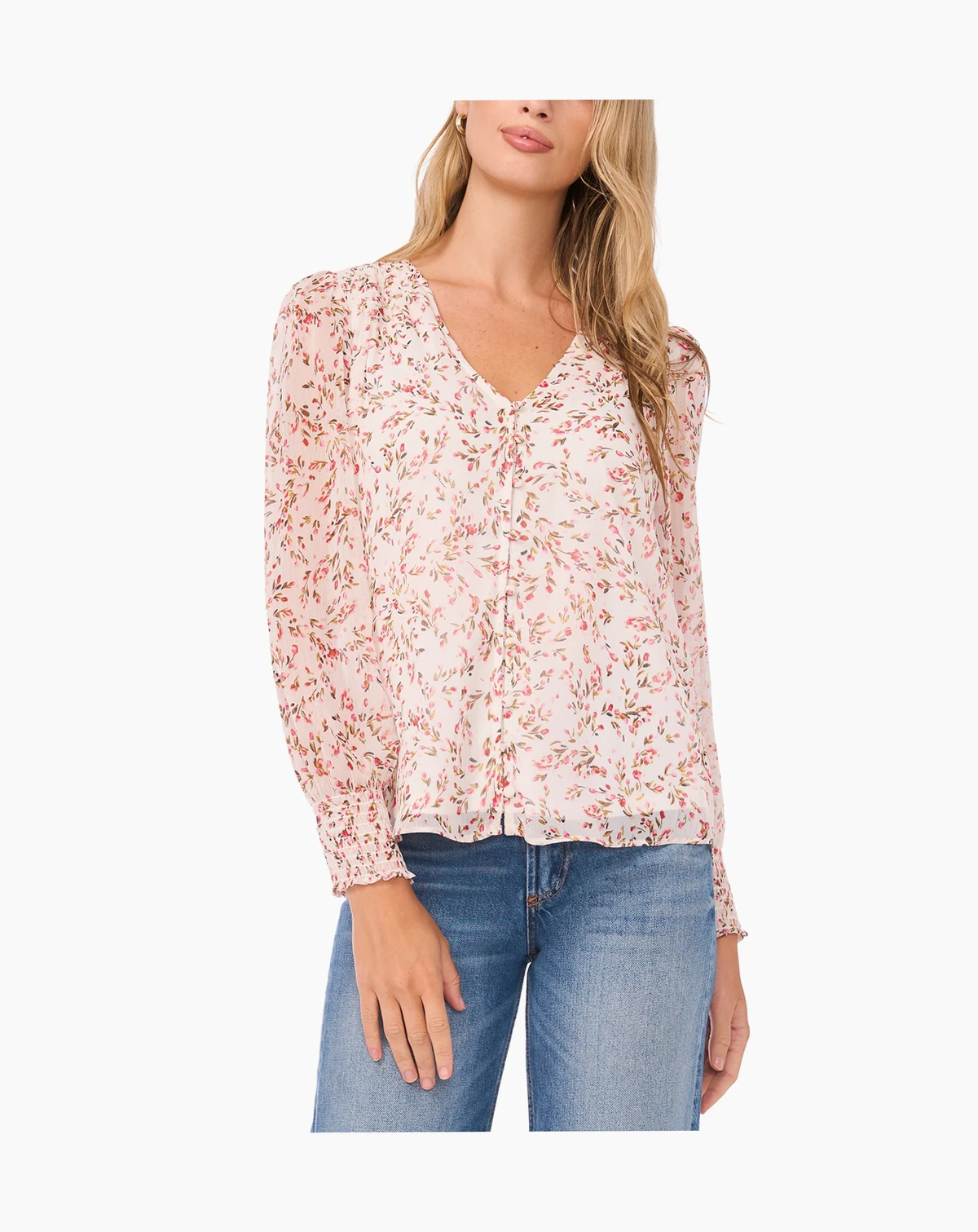 Women's V-Neck Button-Front Smocked-Shoulder Top