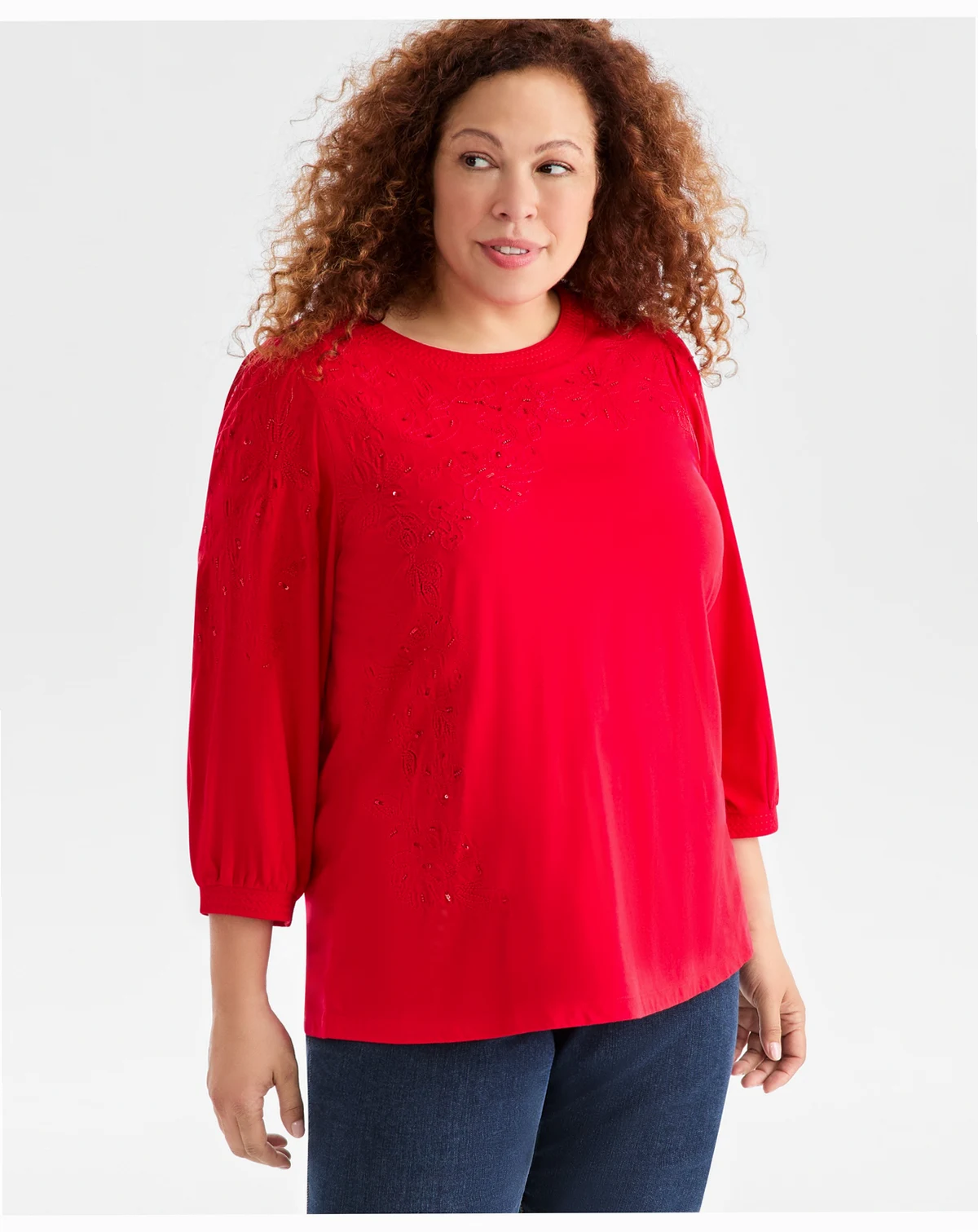 Plus Size Floral Embroidery Shine Knit Top, Macy's Exclusive