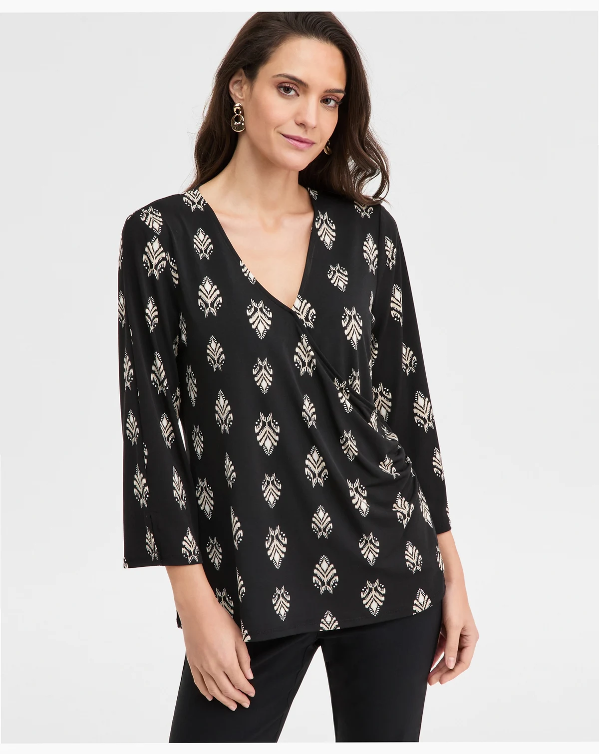 Petite Dani Geo 3/4-Sleeve Knit Dressing Surplice V-Neck Top, Macy's Exclusive
