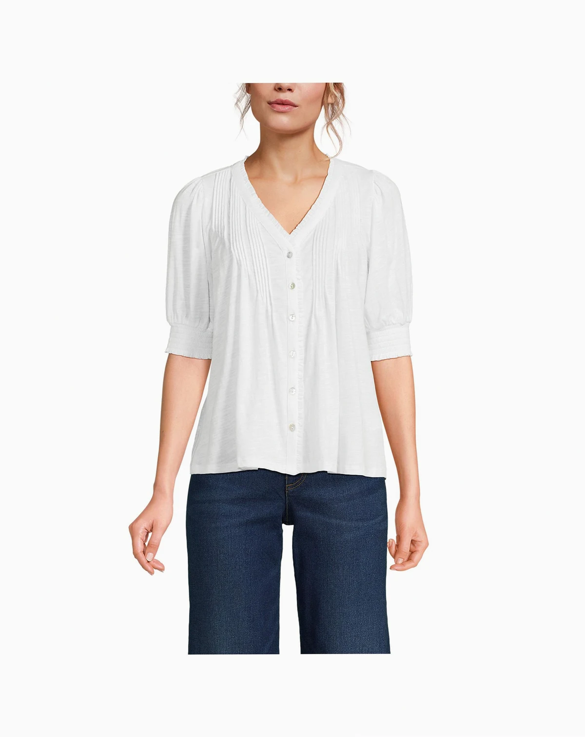 Women's Button Pintuck Puff Sleeve Top