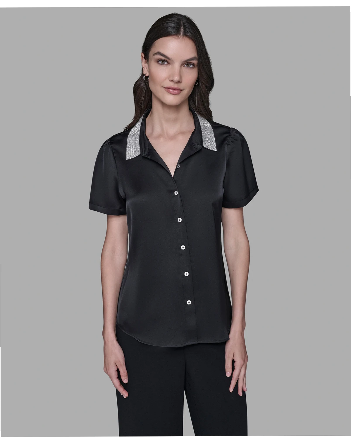 Women's Collar Rhinestone Embellished Short Sleeve Top