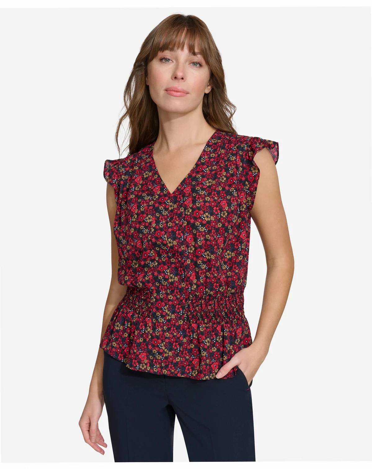 Women's Printed Smocked Cap-Sleeve Top