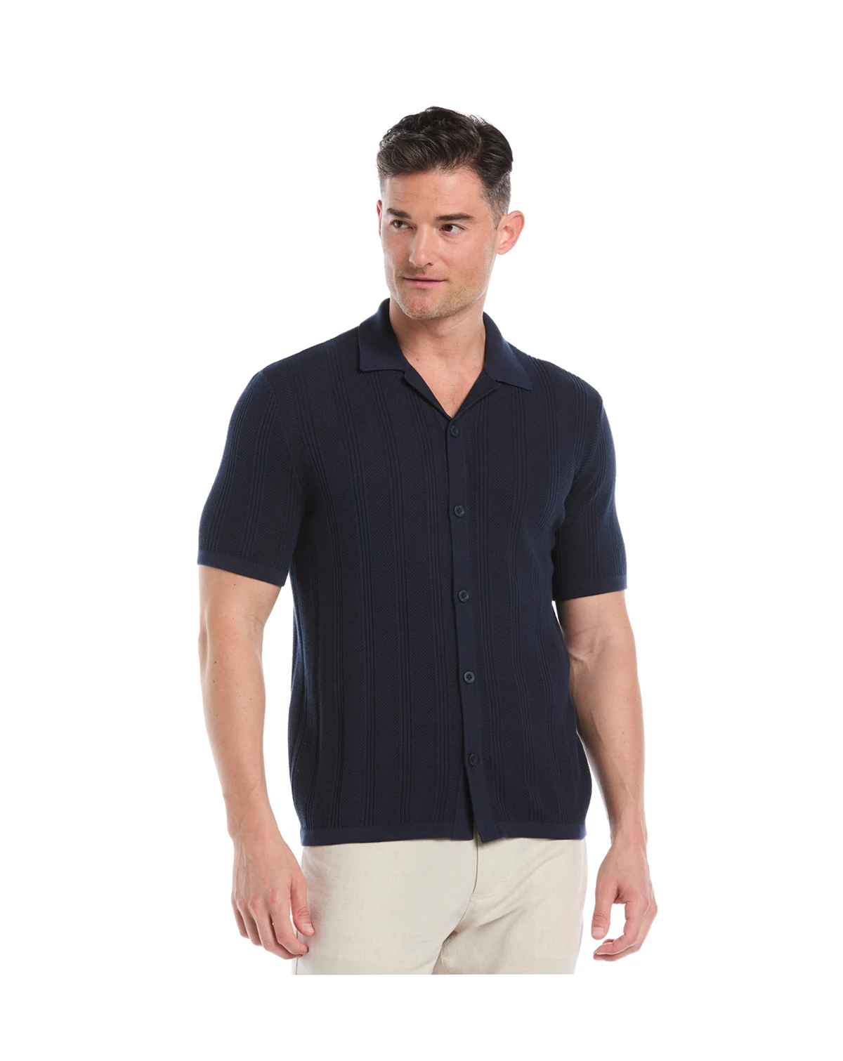 Men's Short-Sleeve Camp-Collar Sweater Button-Front Shirt