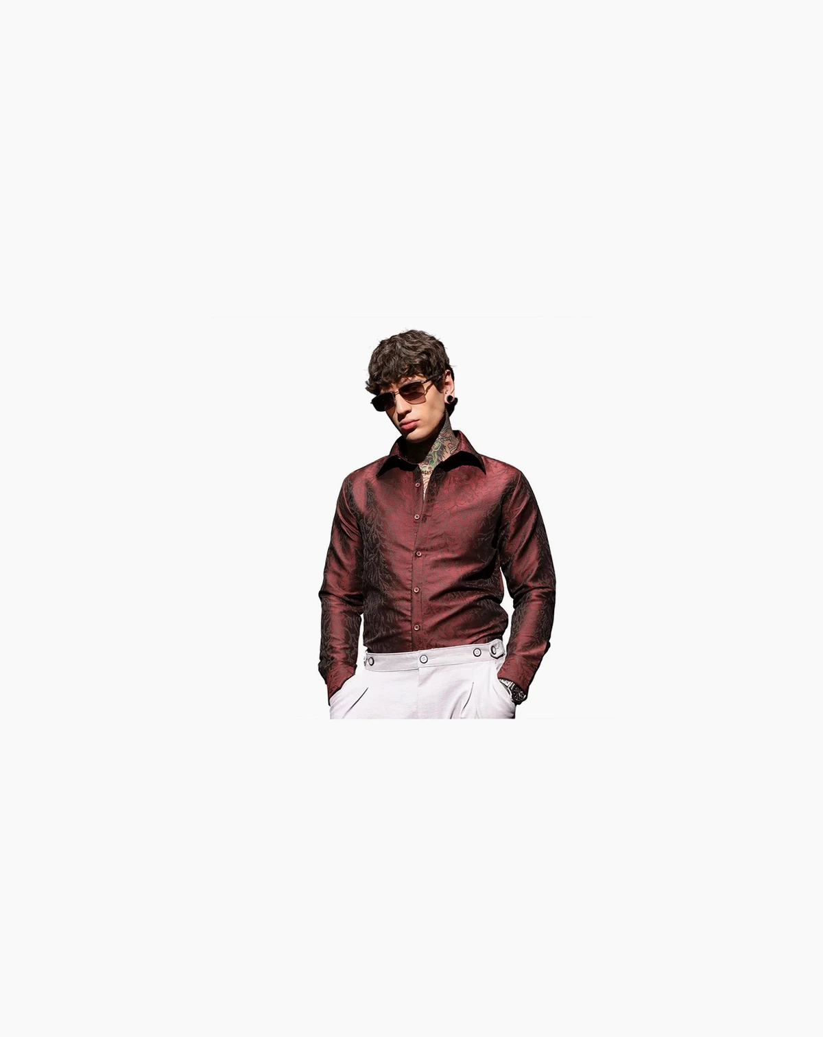 Men's Burgundy Red Foliage-Woven Shirt