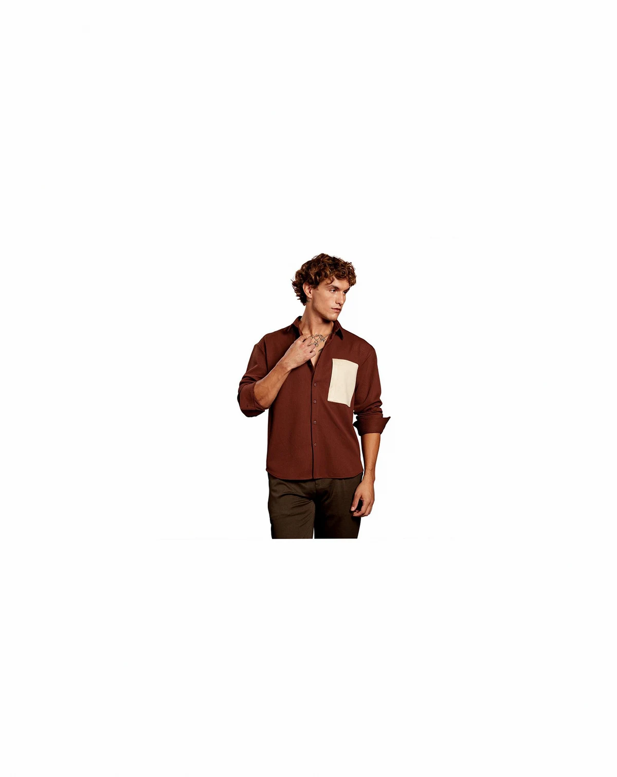 Men's Chocolate Brown Block-Patch Oversized Shirt