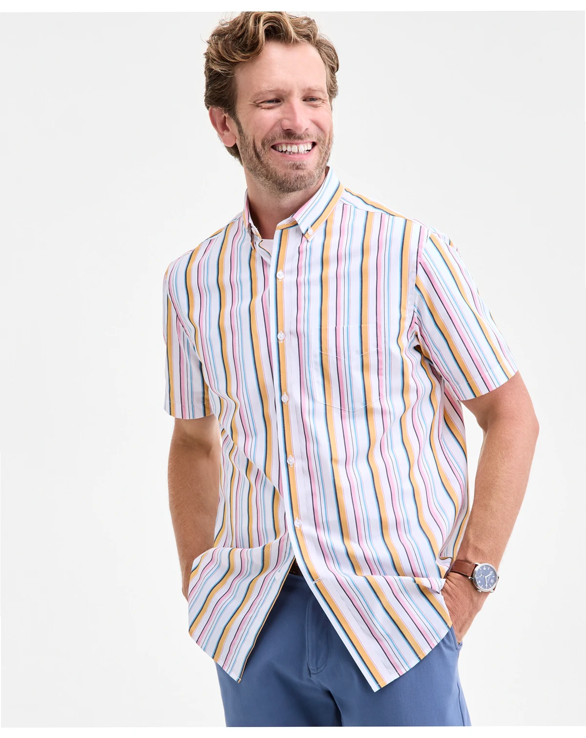 Men's Kara Stripe Short-Sleeve Button-Down Poplin Shirt, Macy's Exclusive