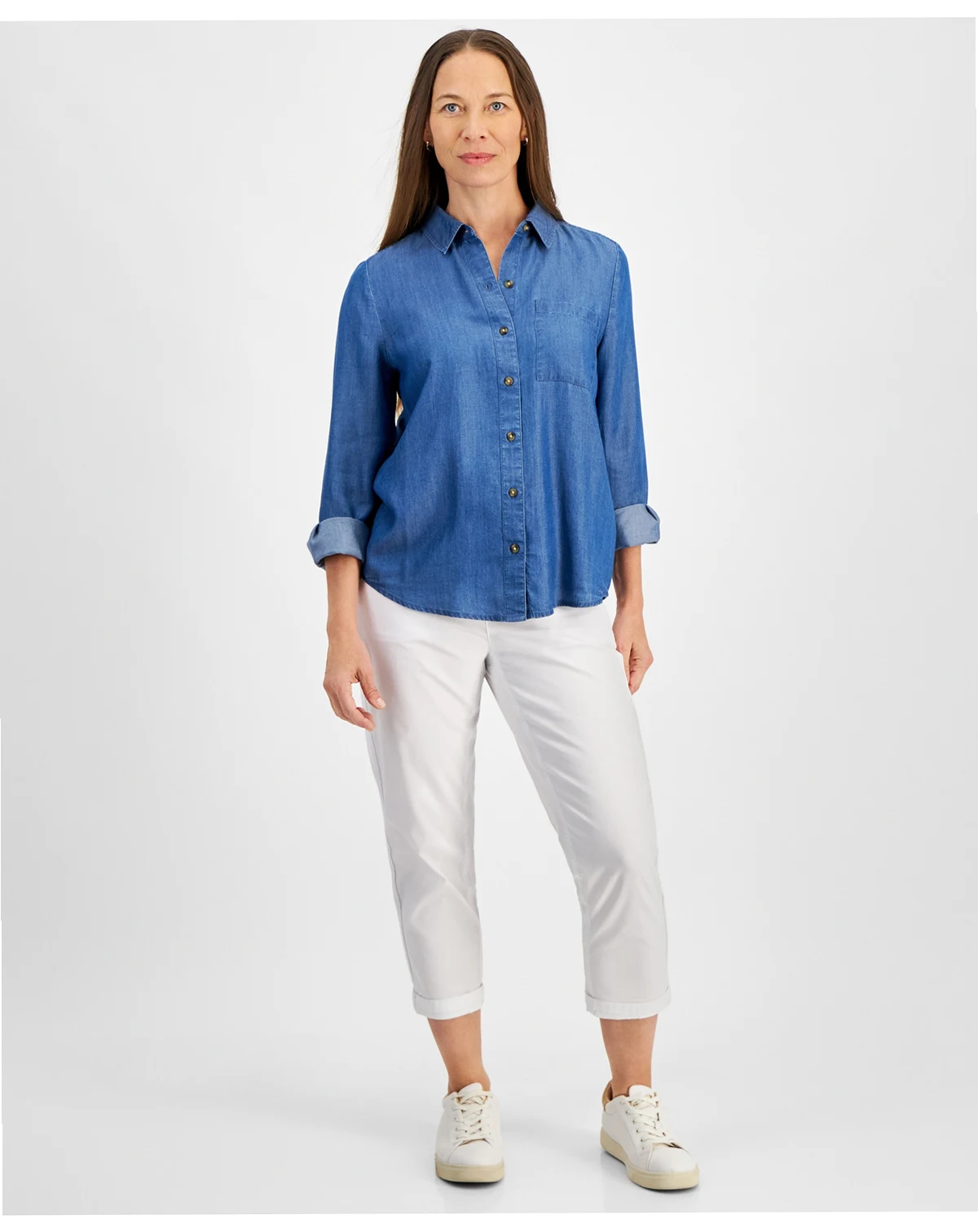Petite Perfect Chambray Button-Front Shirt, Created for Macy's