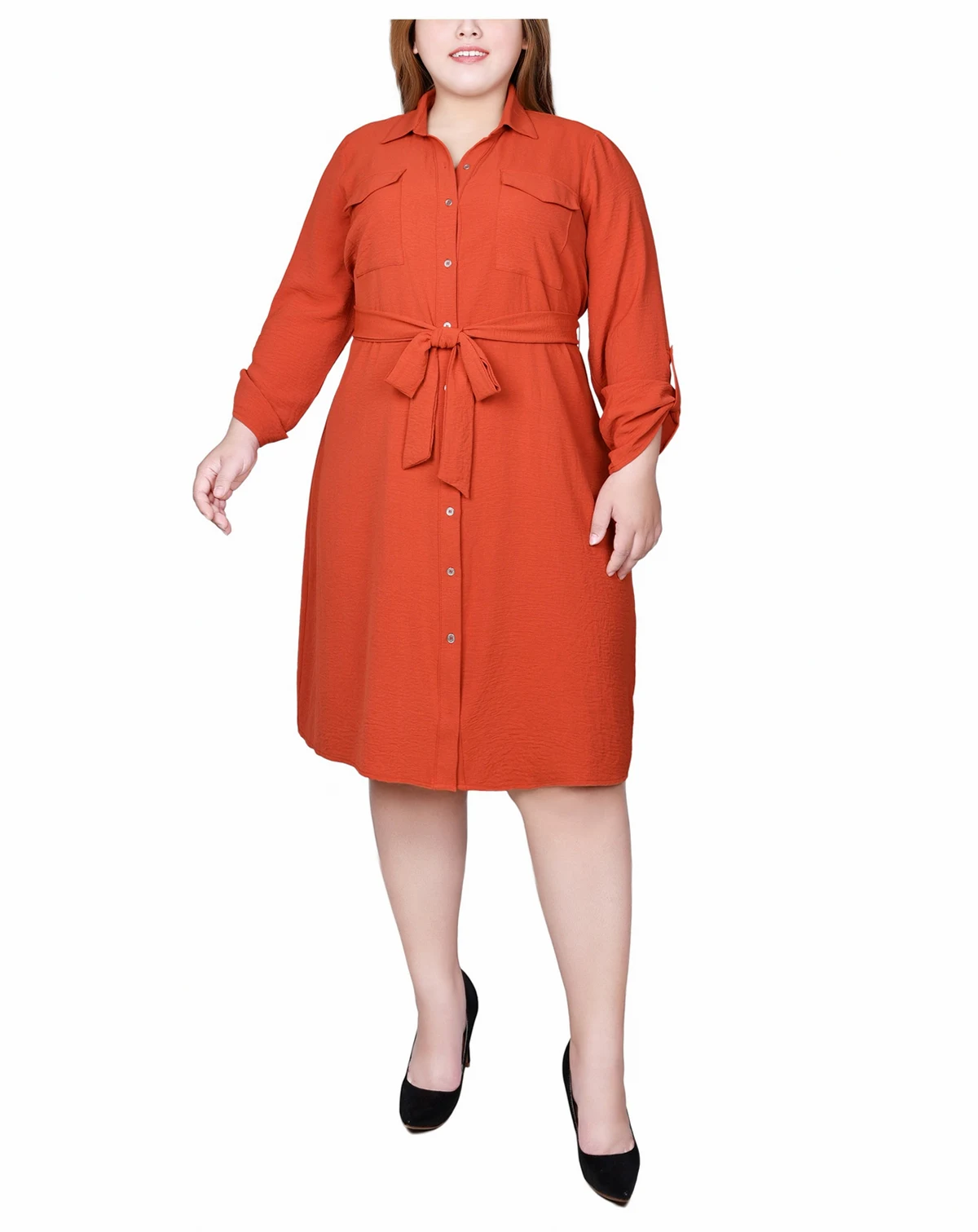 Plus Size Long Roll Tab Sleeve Shirt Dress
