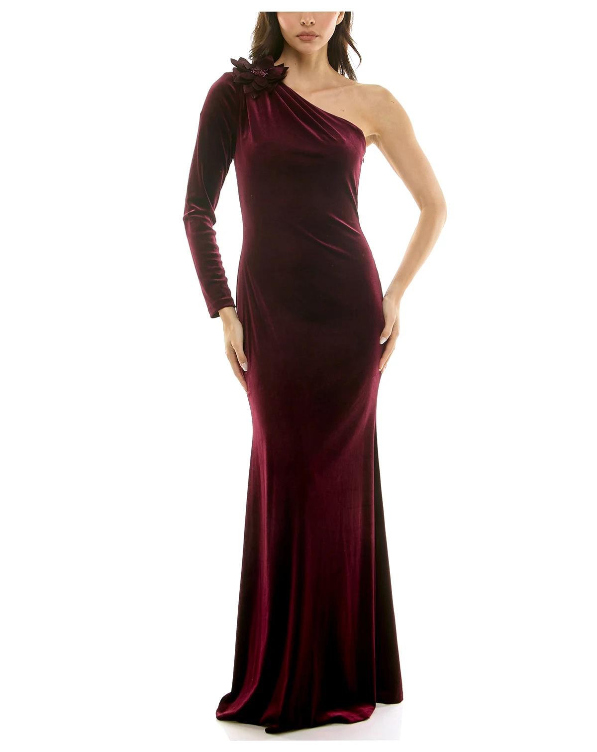 Women's One Shoulder Floral Detail Velvet Dress