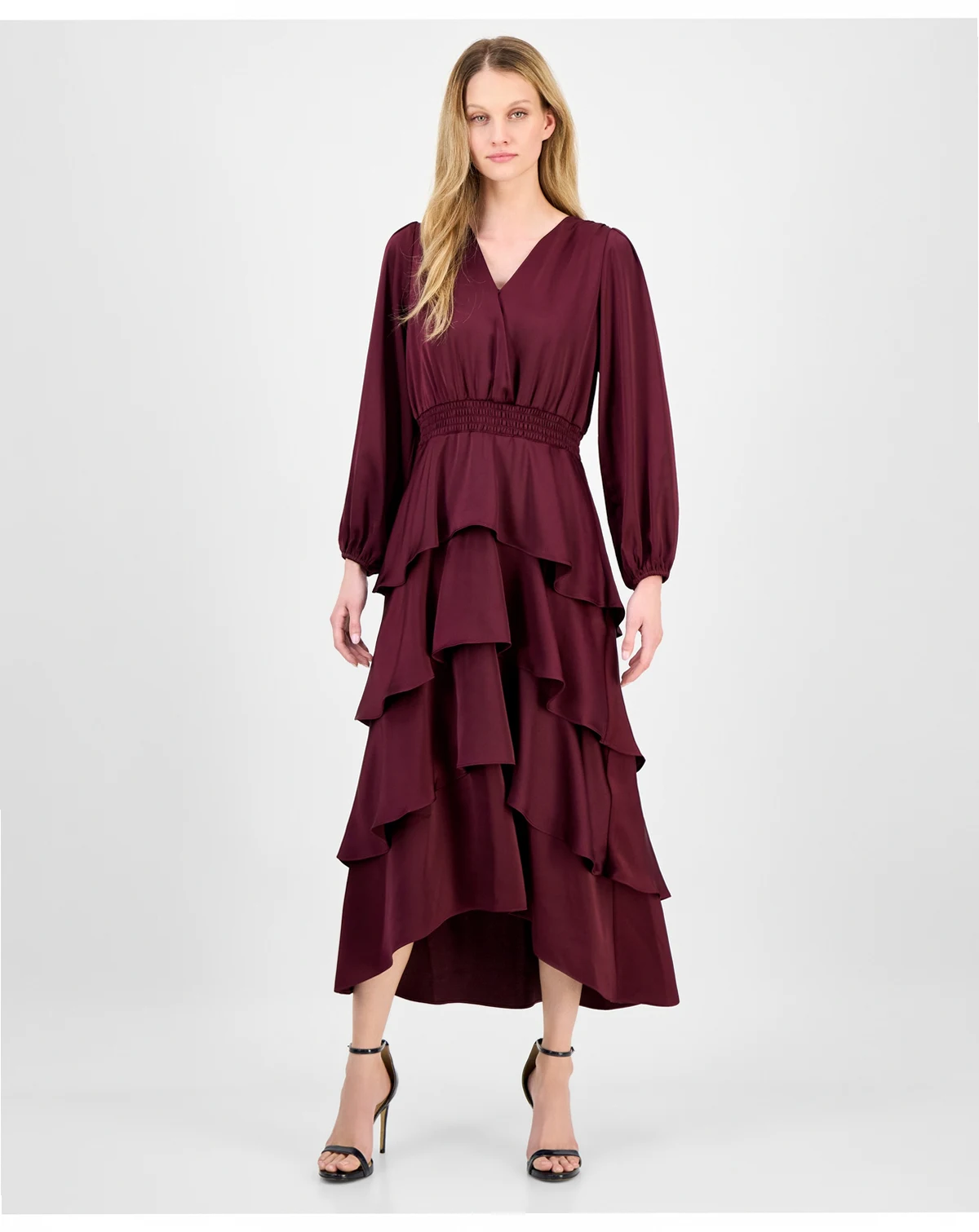 Women's Satin Surplice-Neck Tiered Midi Dress