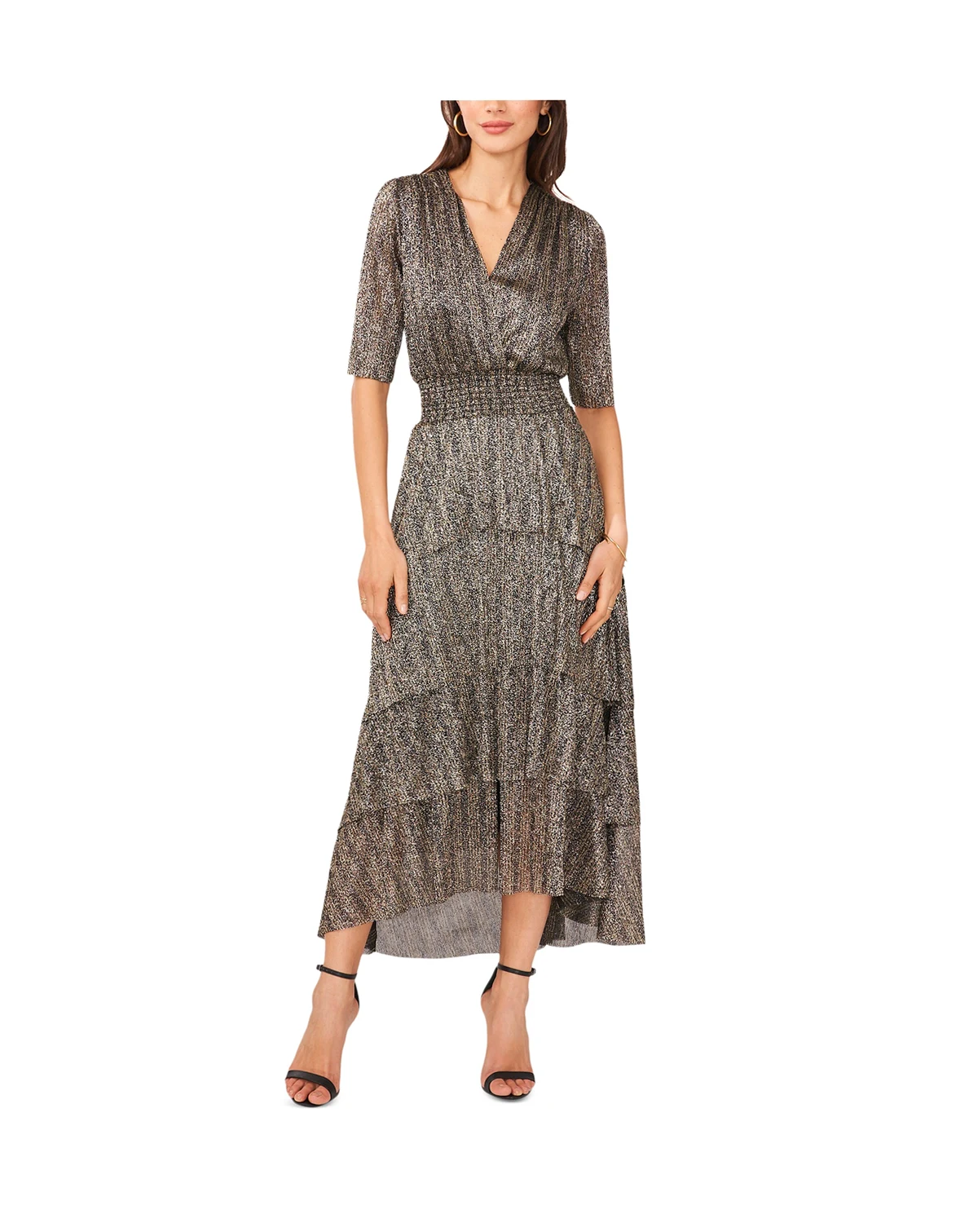 Women's Metallic Print Tiered Midi Dress
