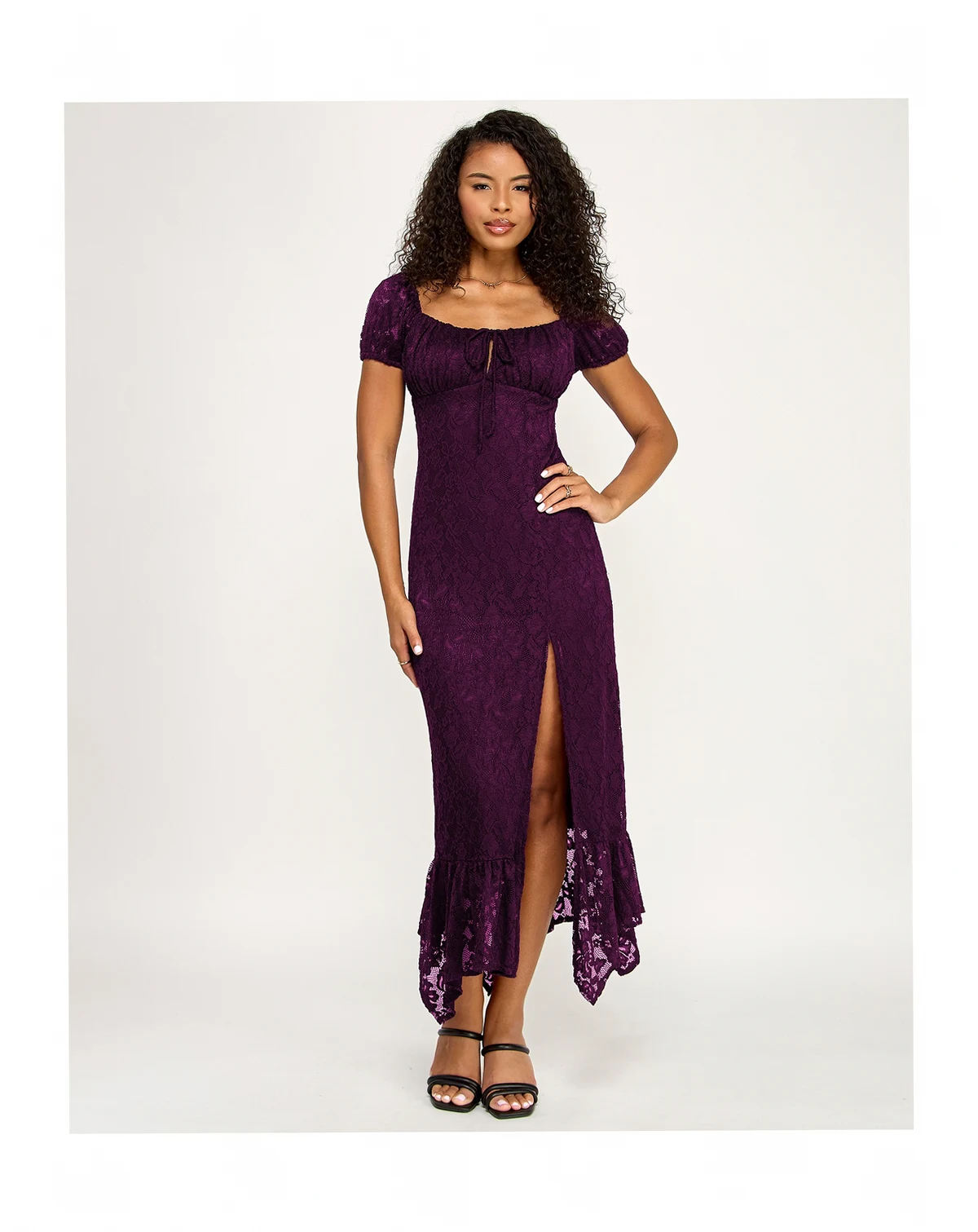Junior's Lace Puff-Sleeve Midi with Slit