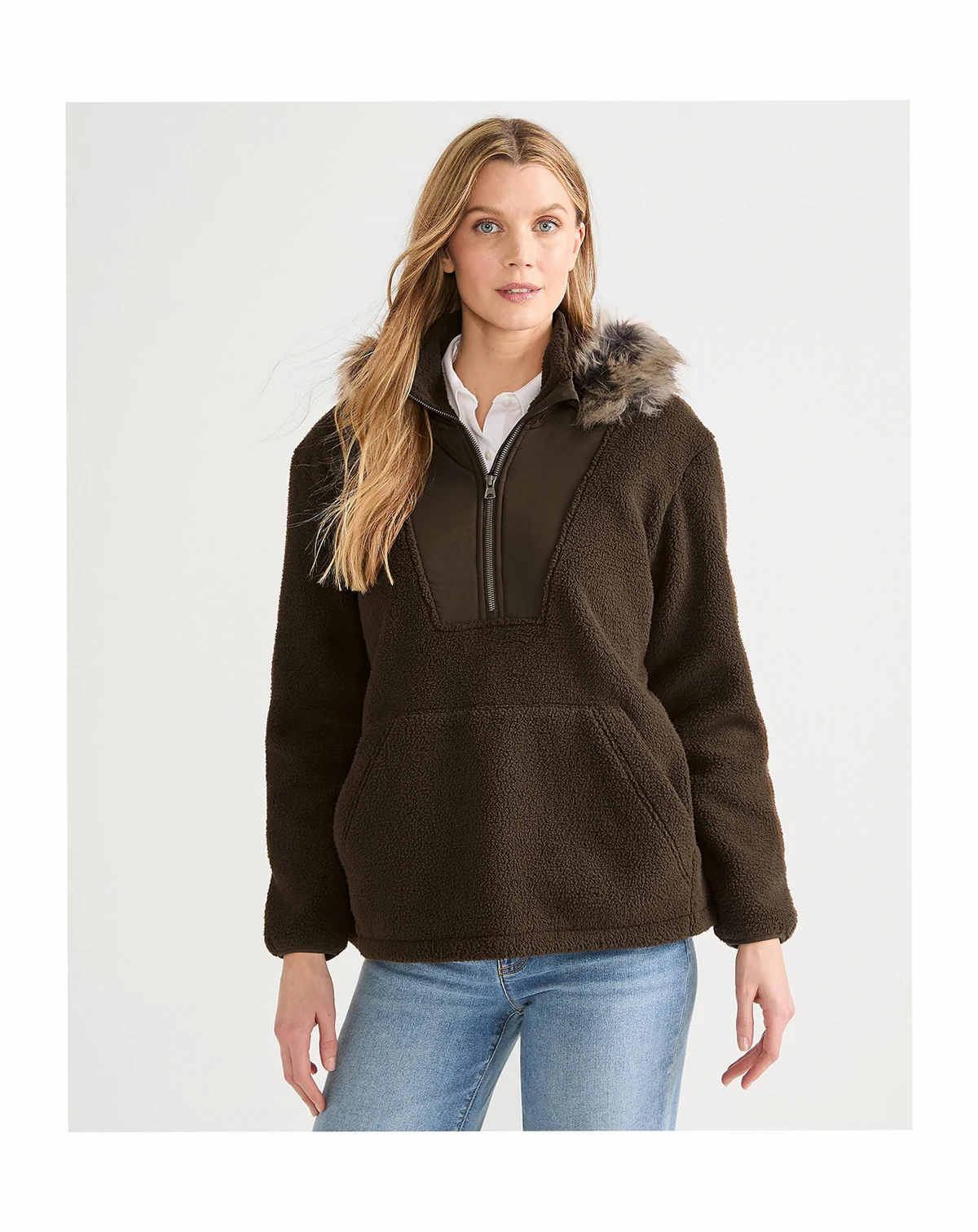 Women's Hooded Half Zip Faux Fur High Pile Fleece Pullover