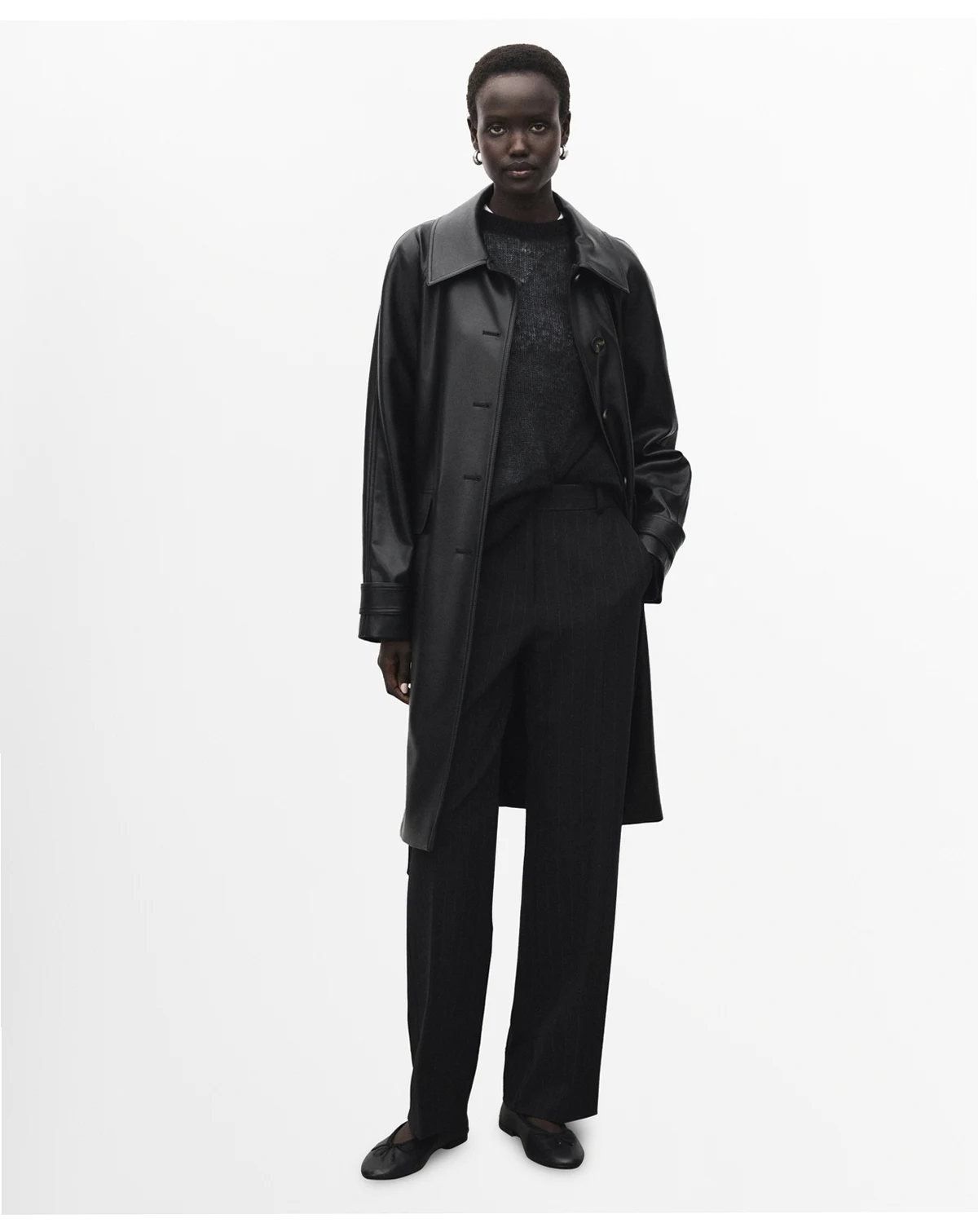 Women's Long Leather-Effect Belted Trench Coat