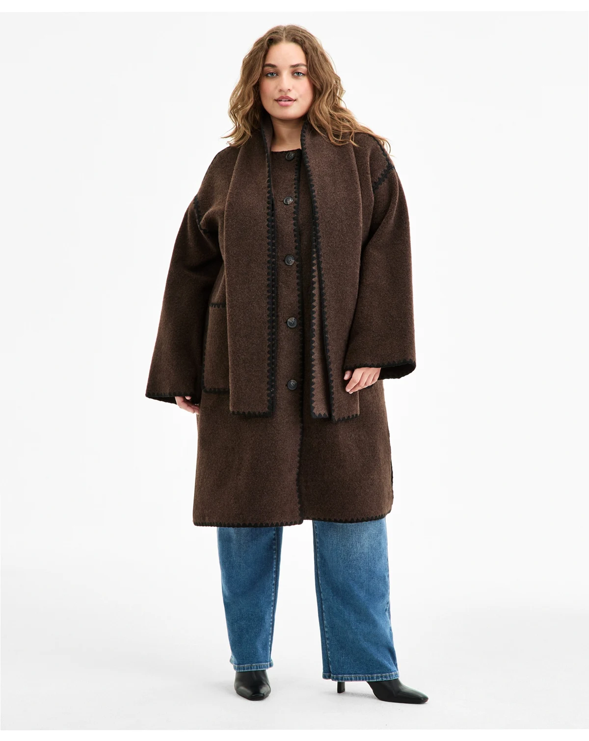 Plus Size Button-Front Edge-Stitch Scarf Coat