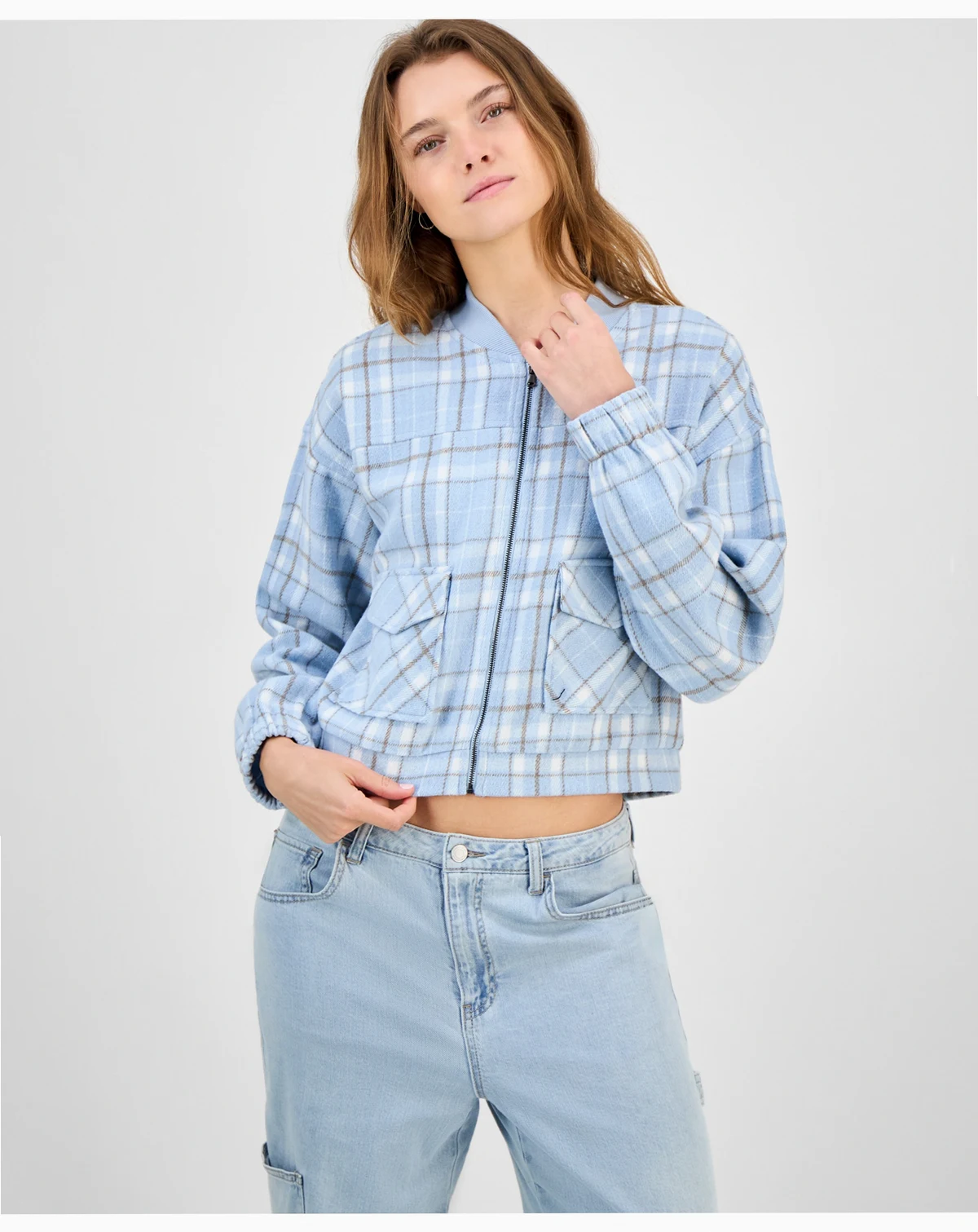 Juniors' Plaid-Print Bomber Jacket