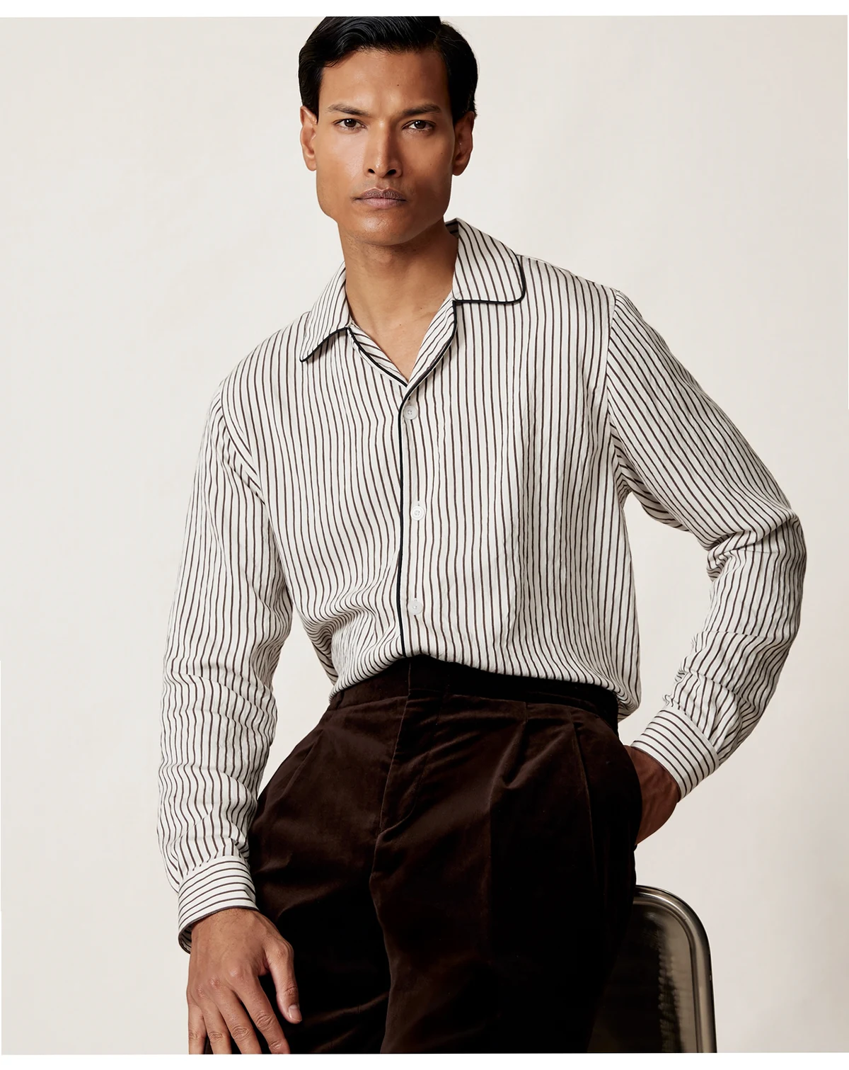 Men's Stripe Cuban-Collar Piped Shirt
