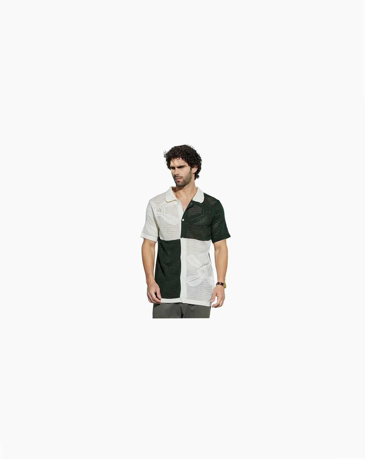 Men's Emerald Green & Cream White Block Open-Knit Polo Shirt
