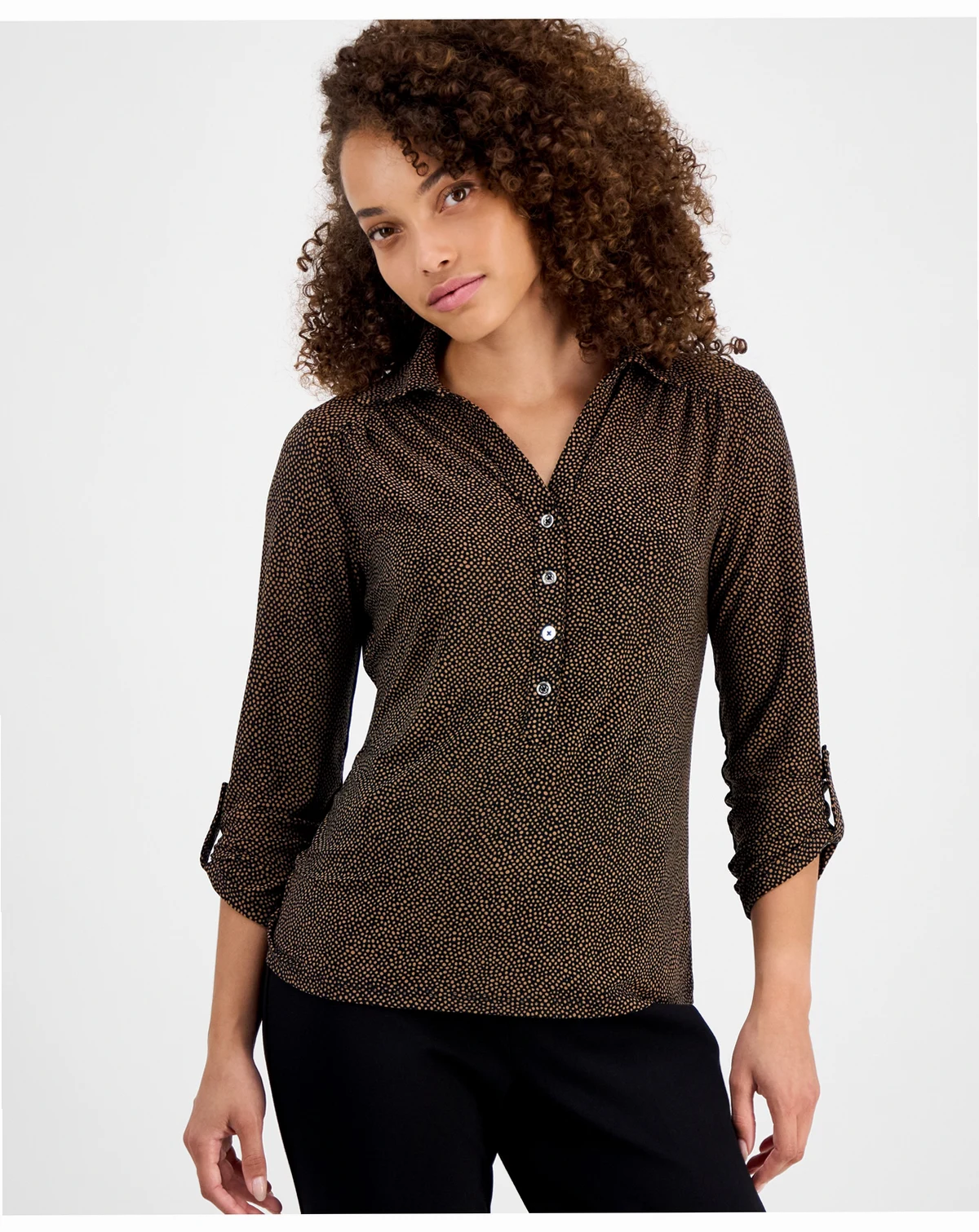 AK Anne Klein Petite 3/4-Sleeve Roll-Tab Collared Top