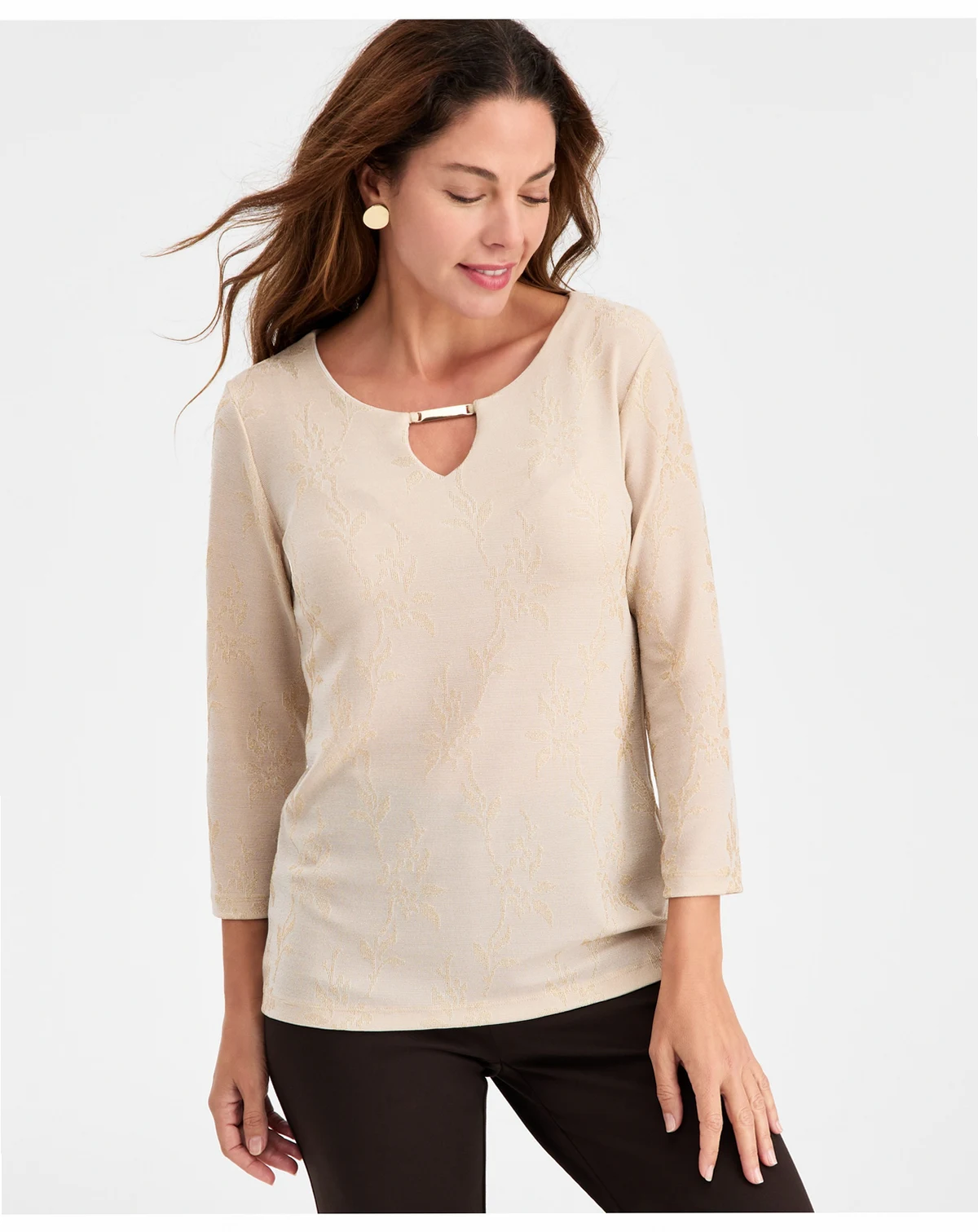 Petite Leafy-Floral Shine Party Jacquard Top, Macy's Exclusive