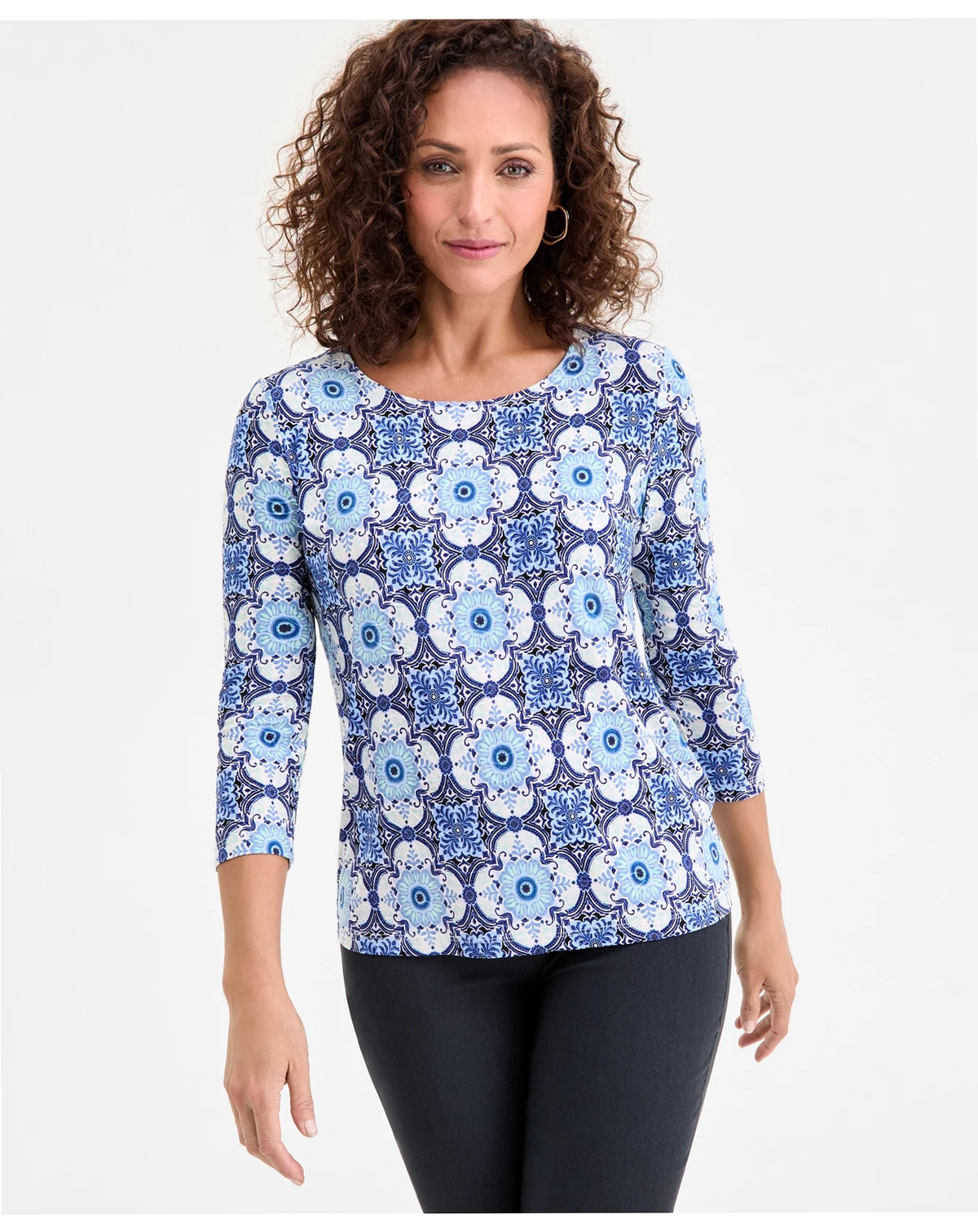 Women's Printed 3/4 Sleeve Scoop-Neck Jacquard Top, Macy’s Exclusive